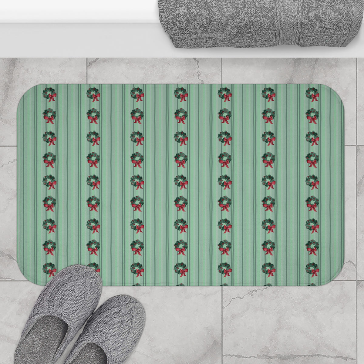 Christmas Wreath Watercolor Memory Foam Bath Mat — on a bathroom floor