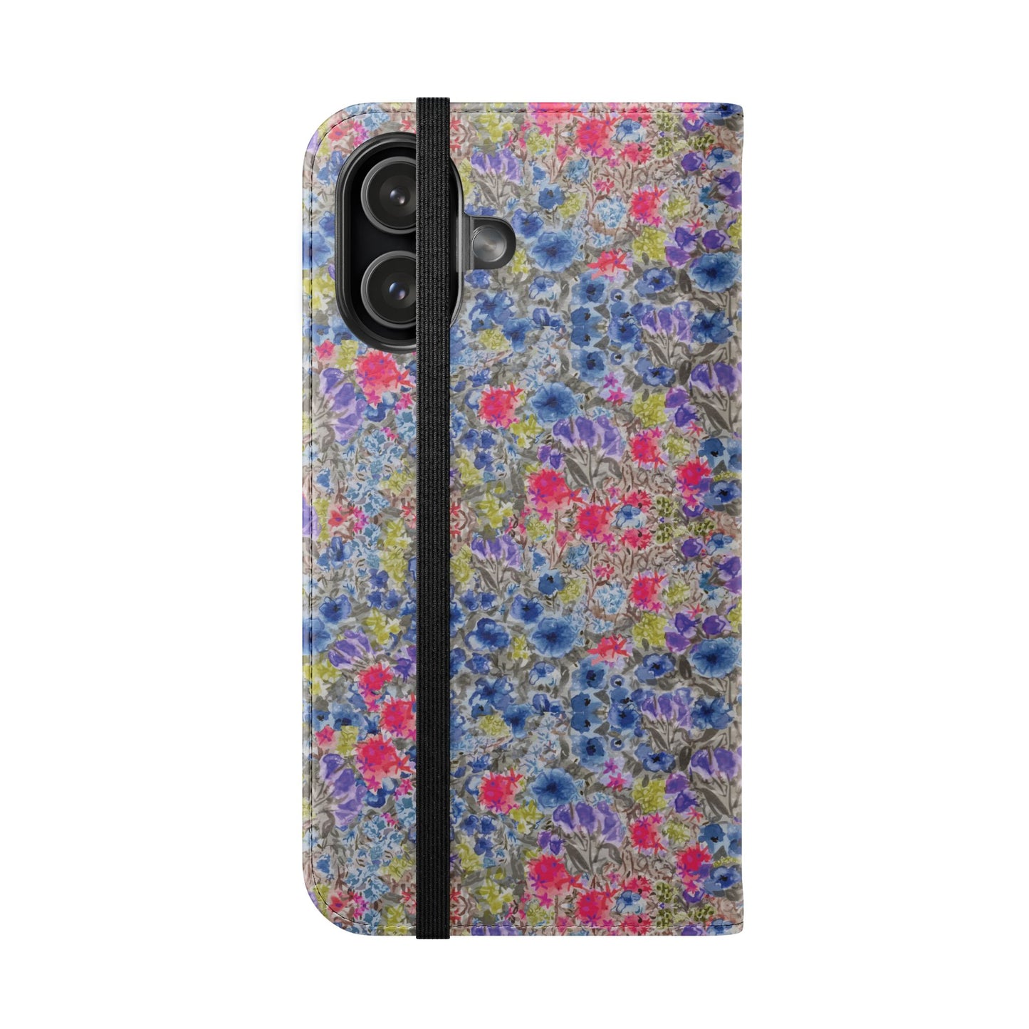 Blue wildflower floral flip phone case with watercolor botanical pattern.