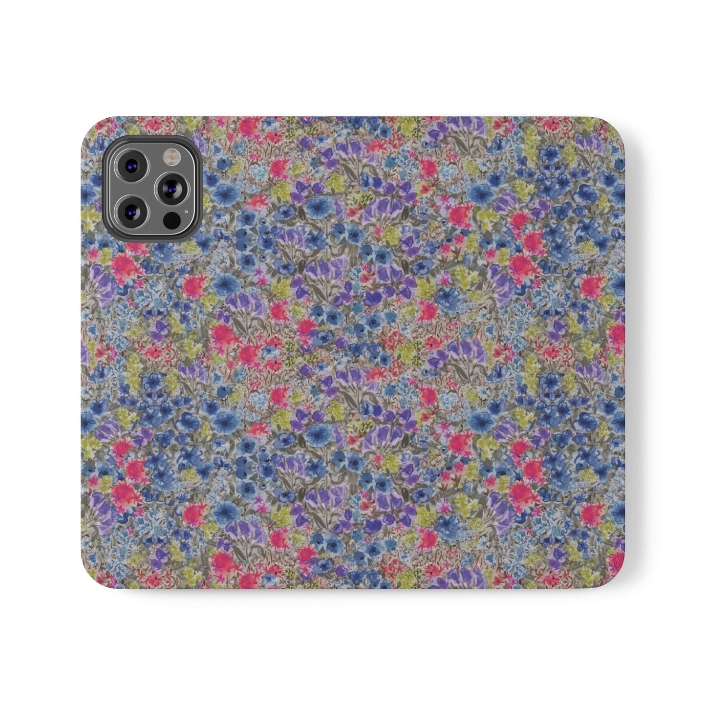 Blue watercolor wildflower wallet phone case featuring vibrant floral meadow artwork with pink and purple blossoms.