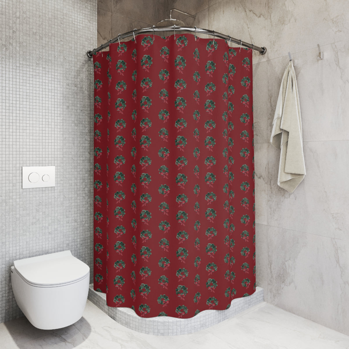 Evergreen Wreath Christmas Shower Curtain – Red — in a bathroom (view 3)