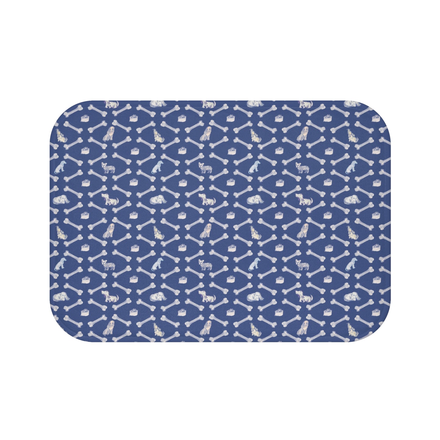 Dog and White Bone Pattern Bath Mat | Navy Dog Bones Non-Slip Bathroom Rug