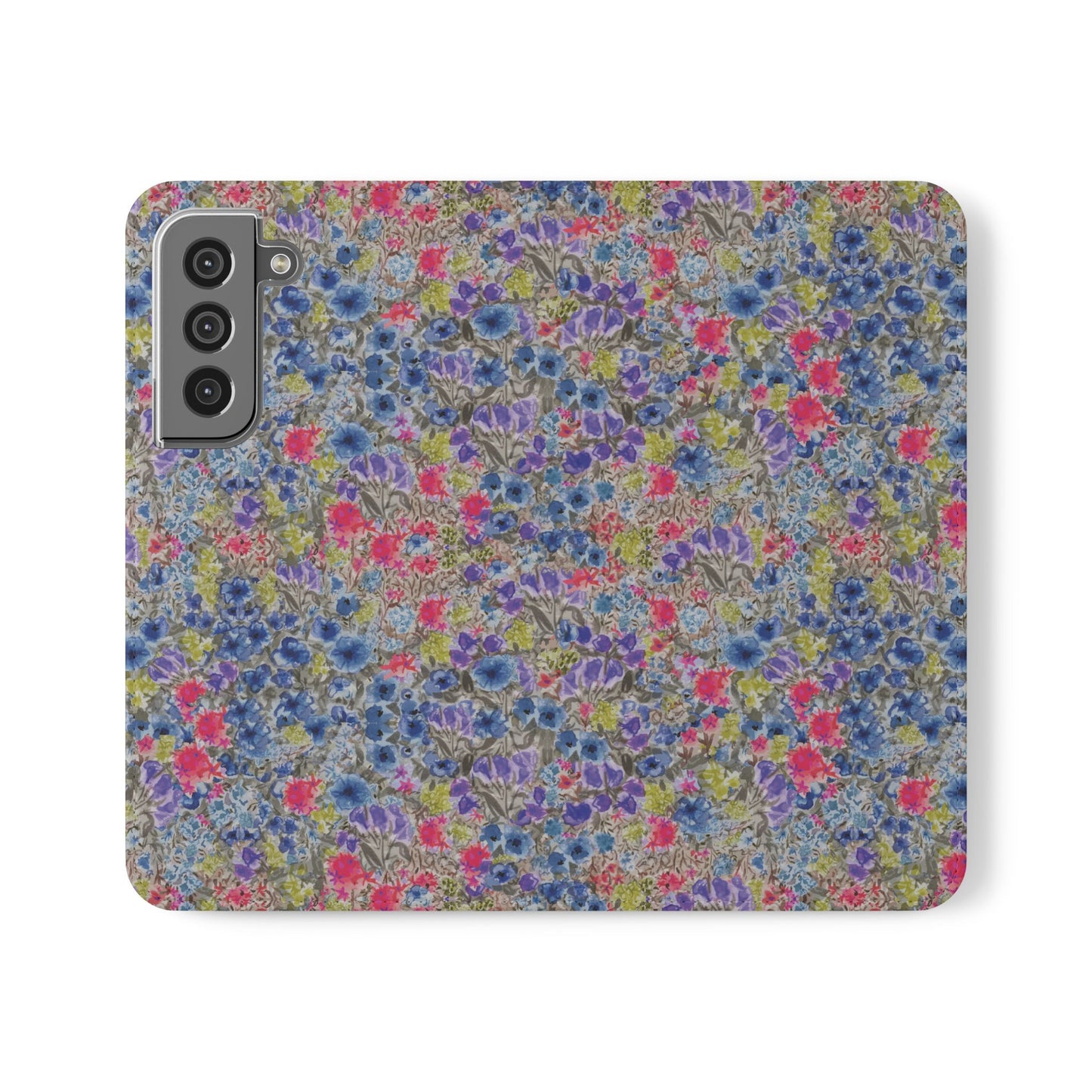 Blue watercolor wildflower wallet phone case featuring vibrant floral meadow artwork with pink and purple blossoms.