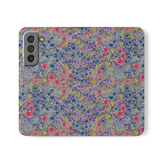 Blue watercolor wildflower wallet phone case featuring vibrant floral meadow artwork with pink and purple blossoms.