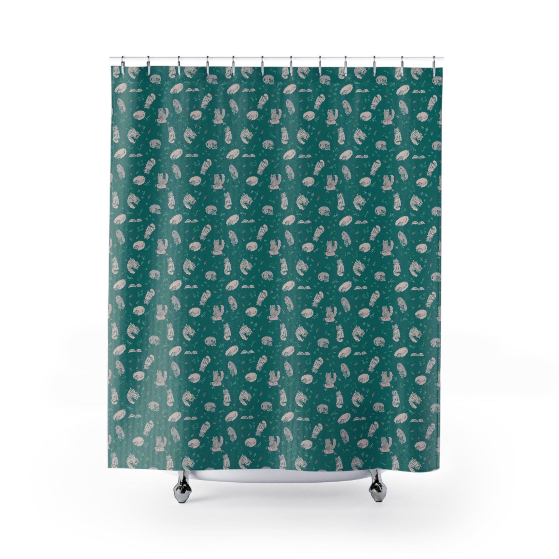 Teal cat-themed shower curtain featuring a cozy repeating pattern of sleeping and fluffy cats, books, stars, leaves, and handwritten details in soft cream on a rich jewel-toned background, perfect for cozy cat lover bathroom décor.