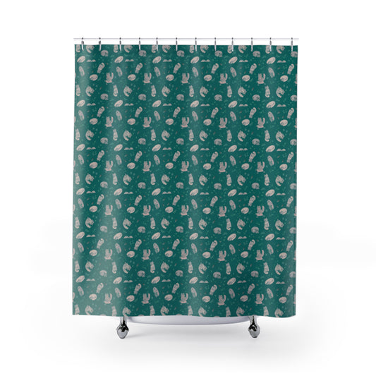 Teal cat-themed shower curtain featuring a cozy repeating pattern of sleeping and fluffy cats, books, stars, leaves, and handwritten details in soft cream on a rich jewel-toned background, perfect for cozy cat lover bathroom décor.