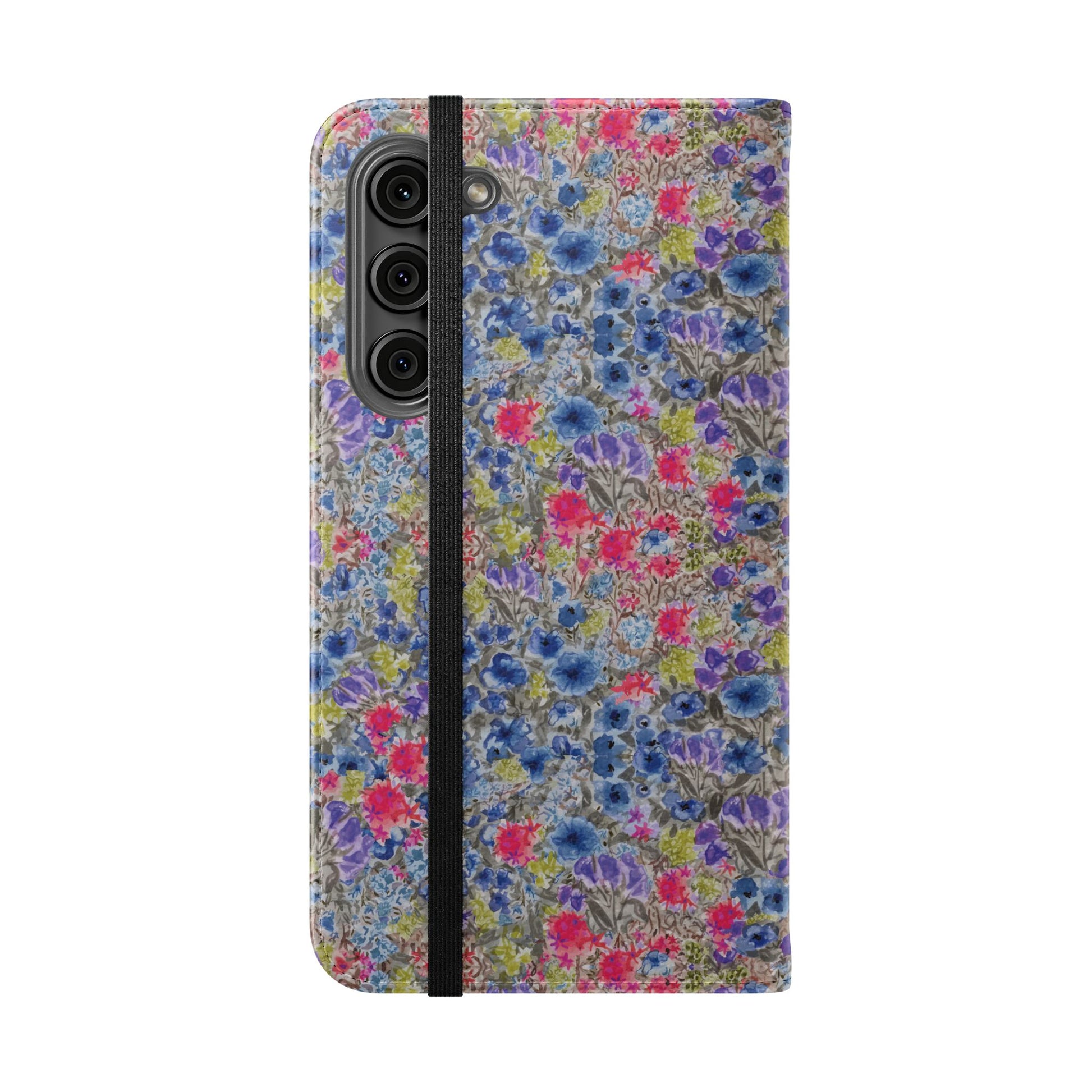 Blue wildflower floral flip phone case with watercolor botanical pattern.