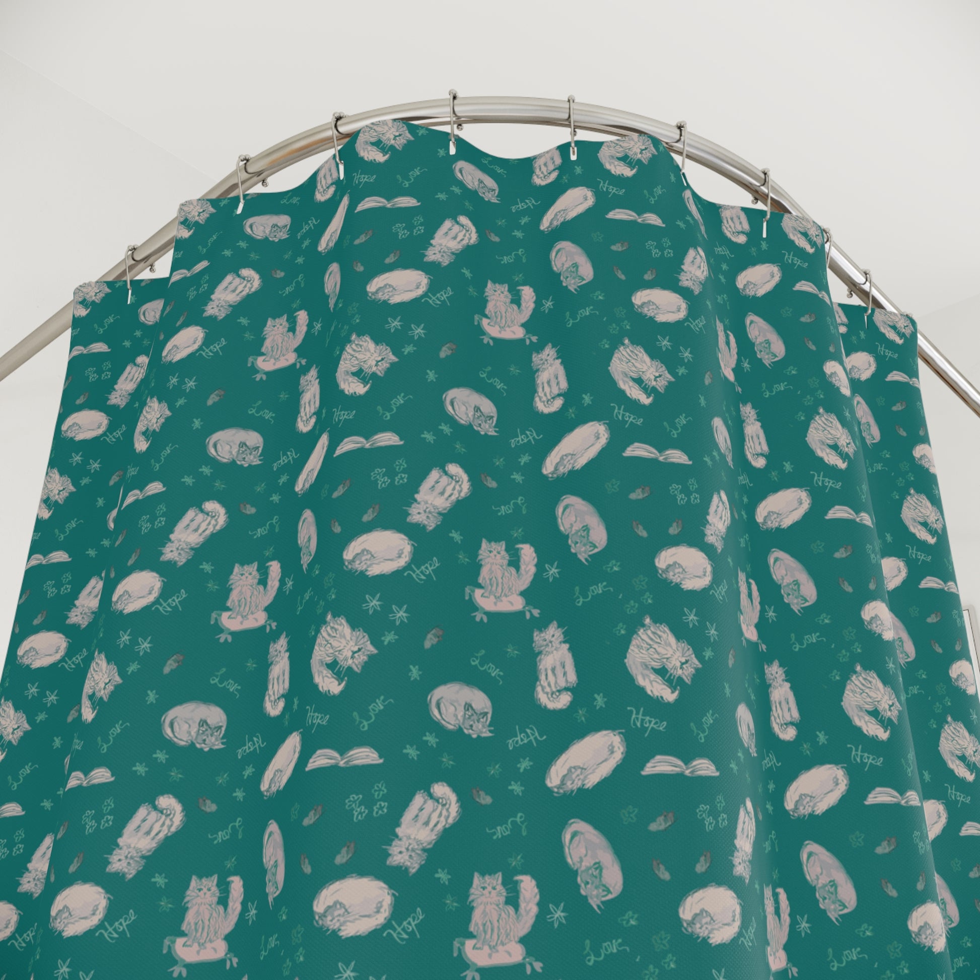 Teal cat-themed shower curtain featuring a cozy repeating pattern of sleeping and fluffy cats, books, stars, leaves, and handwritten details in soft cream on a rich jewel-toned background, perfect for cozy cat lover bathroom décor.