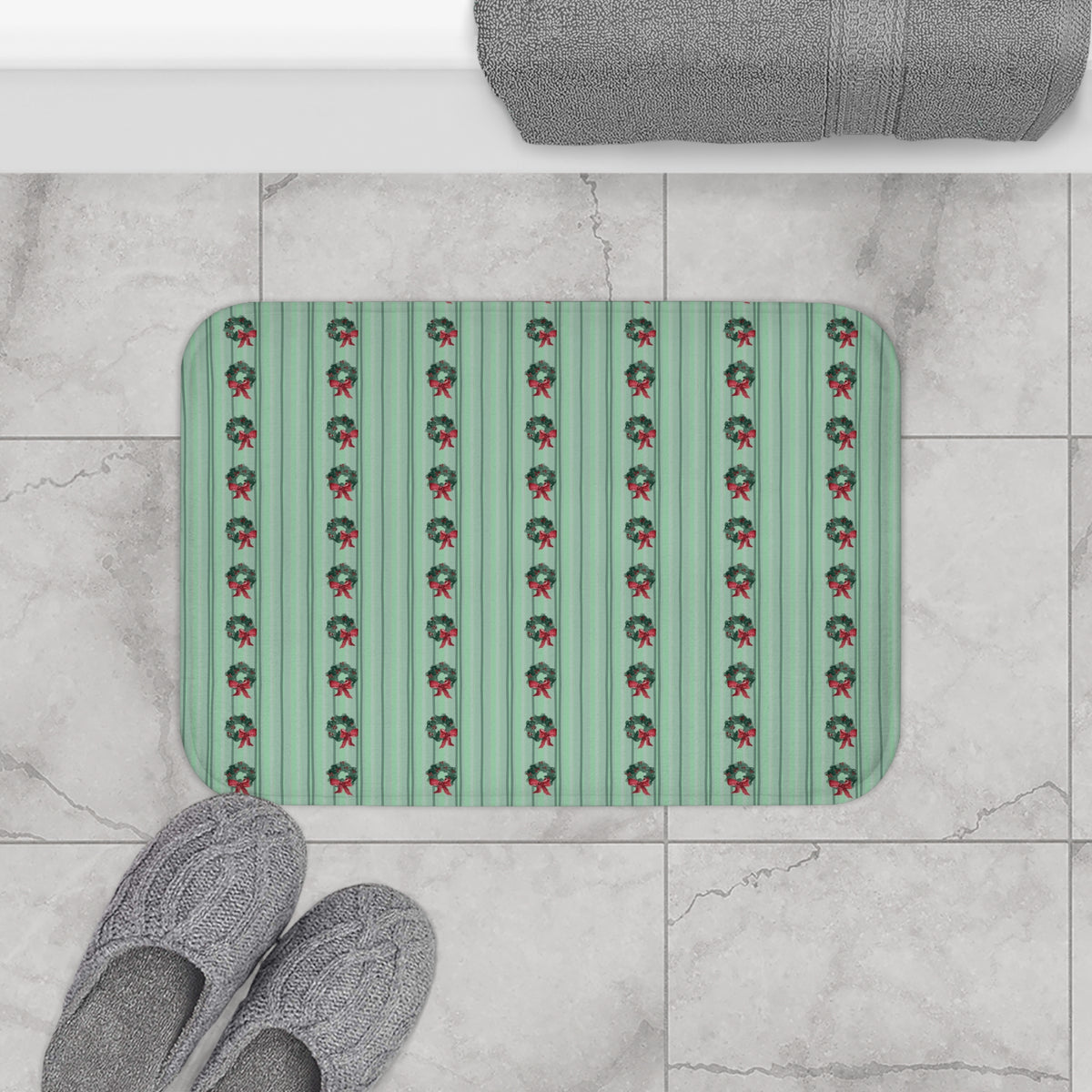 Christmas Wreath Watercolor Memory Foam Bath Mat — on a bathroom floor (view 2)