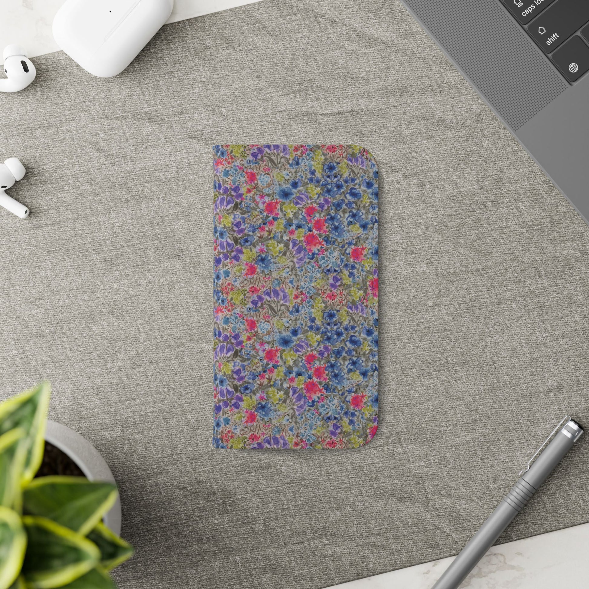 Blue wildflower floral flip phone case with watercolor botanical pattern.