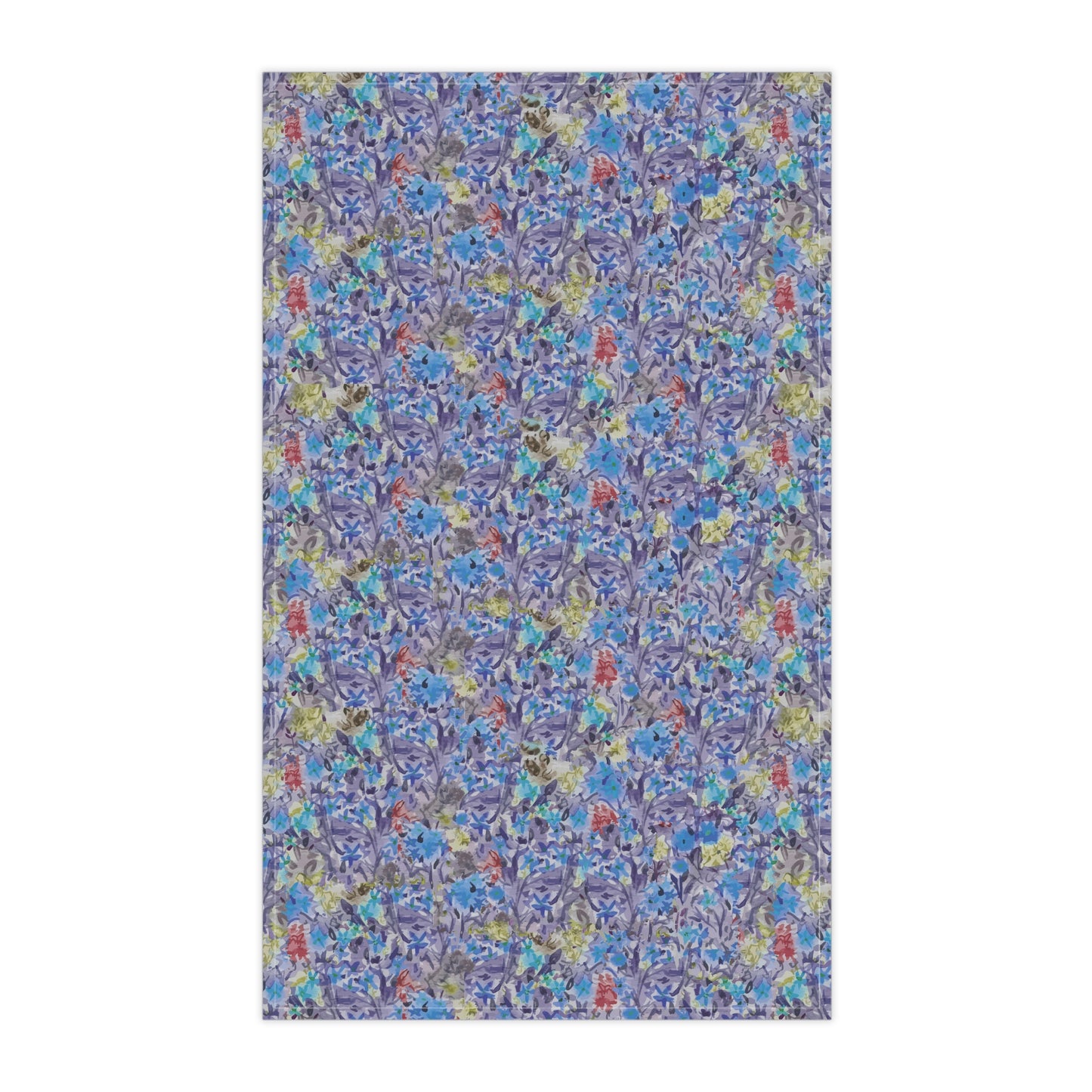 Watercolor floral tea towel with pink blossoms, earthy brown tones, and soft blue accents in a meadow-style pattern.