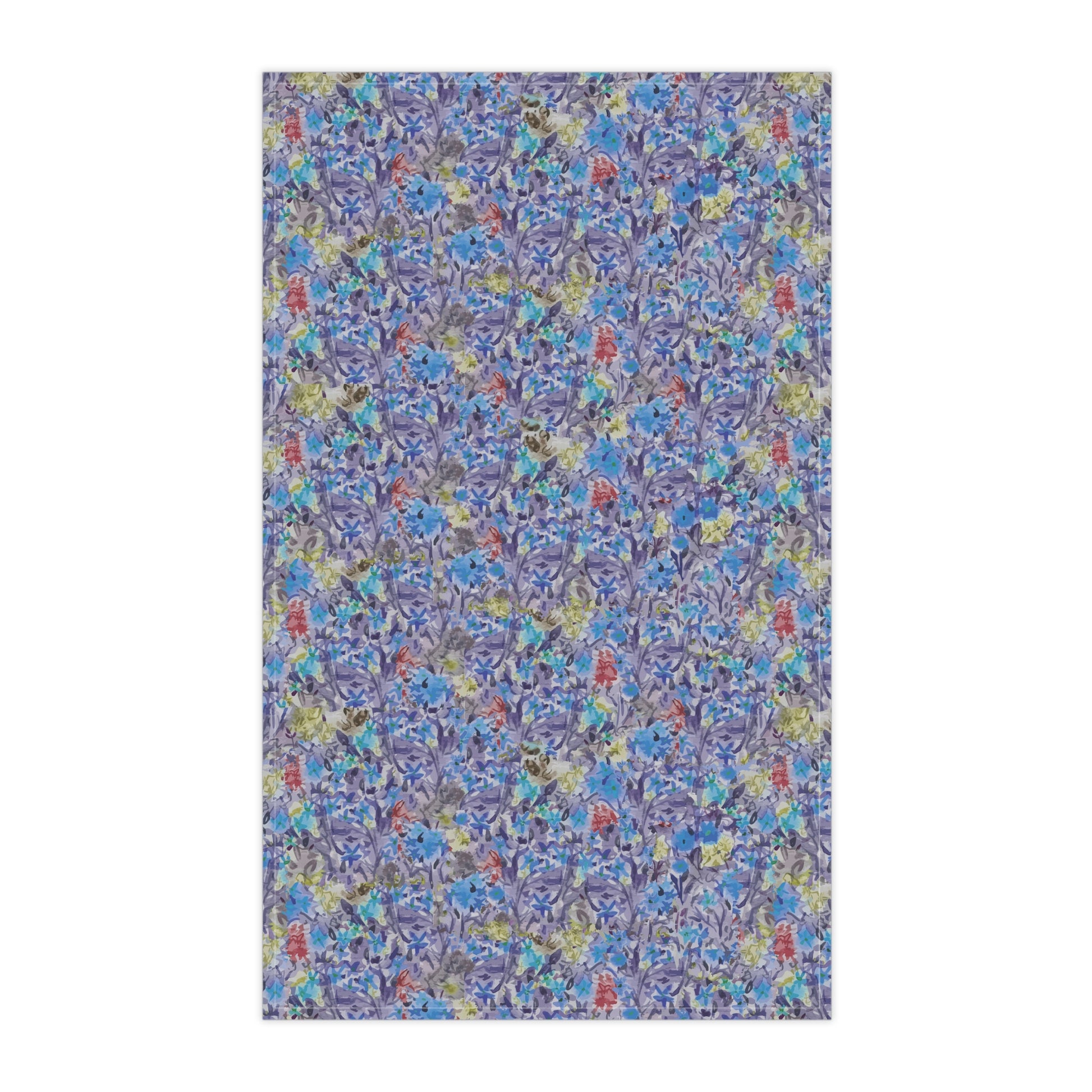 Watercolor floral tea towel with pink blossoms, earthy brown tones, and soft blue accents in a meadow-style pattern.