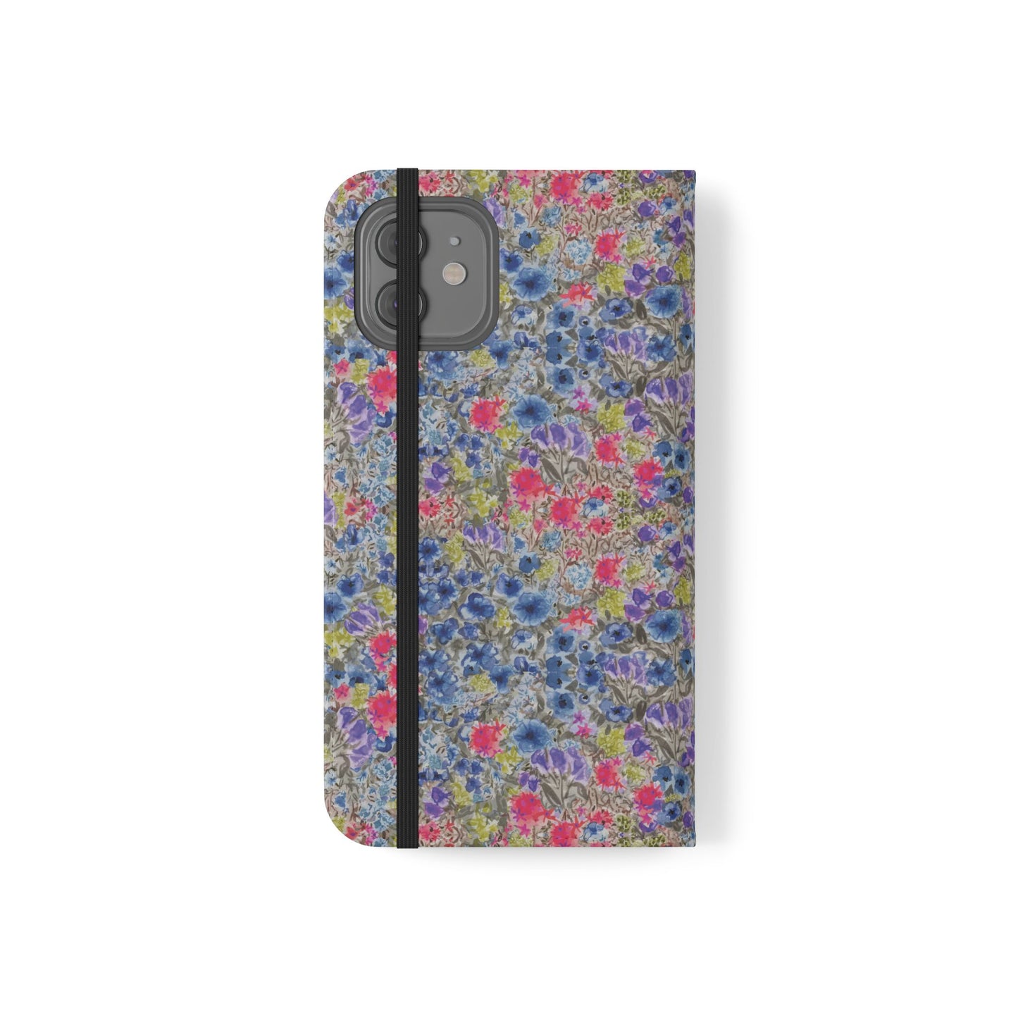 Blue wildflower floral flip phone case with watercolor botanical pattern.