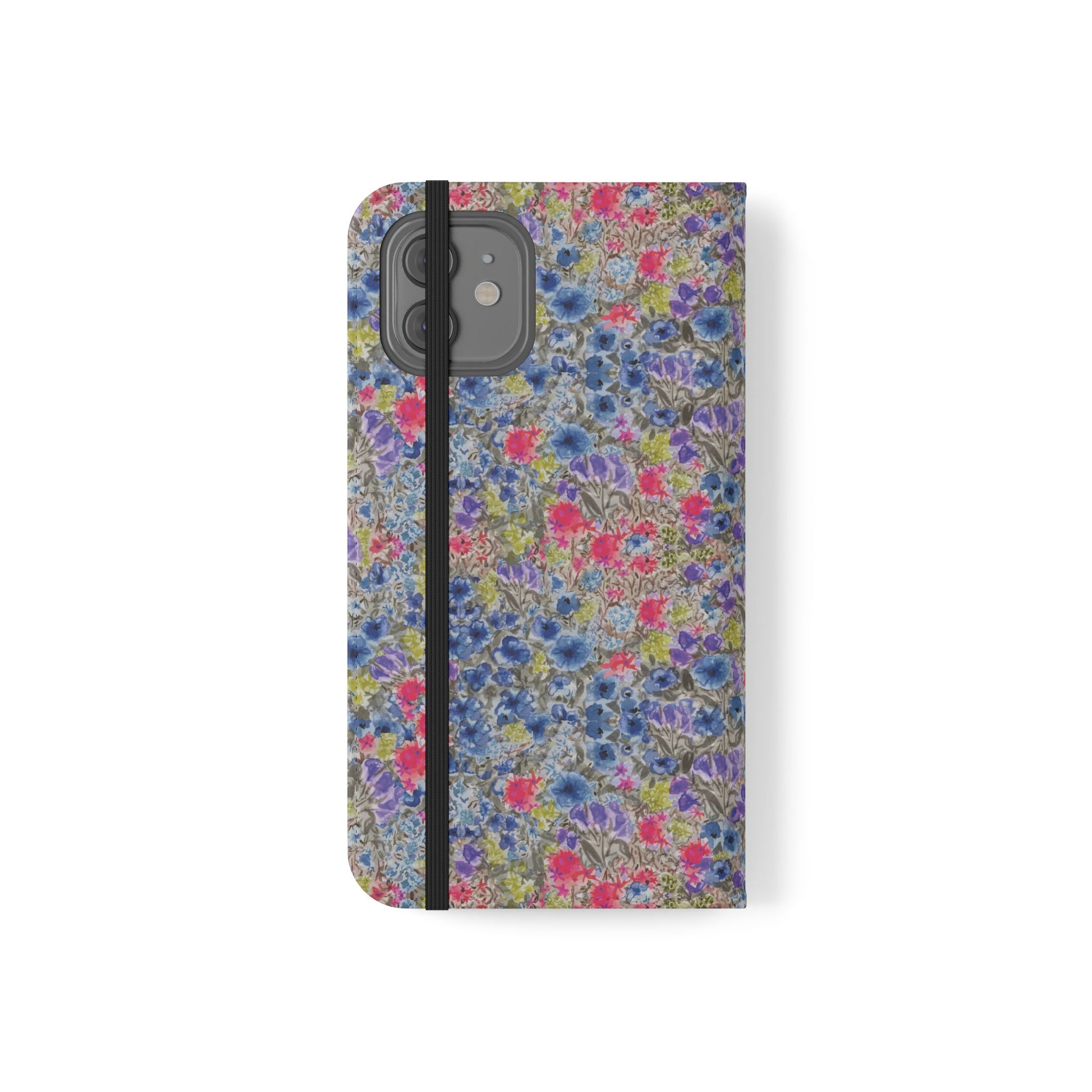 Blue wildflower floral flip phone case with watercolor botanical pattern.