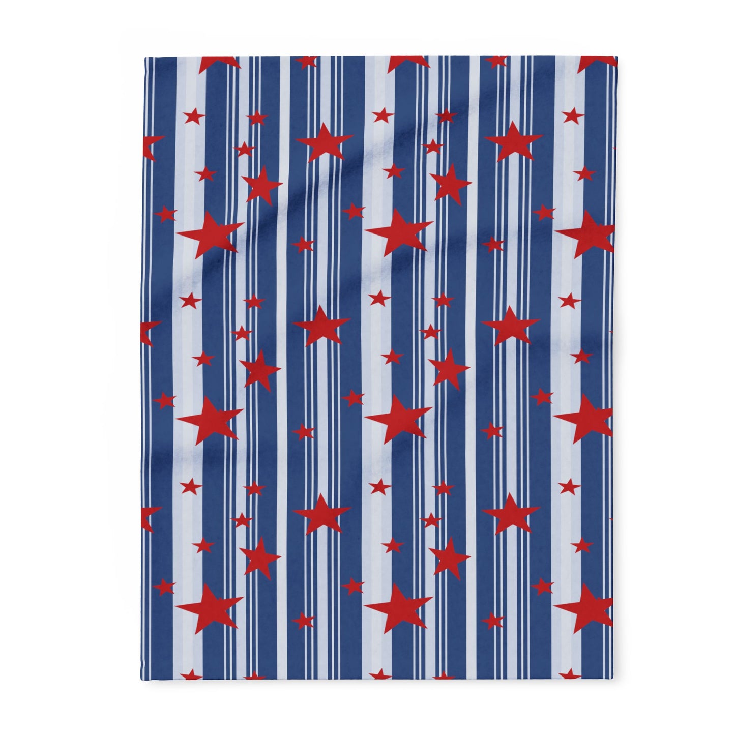 Throw blanket with pattern of red stars on blue and white striped background