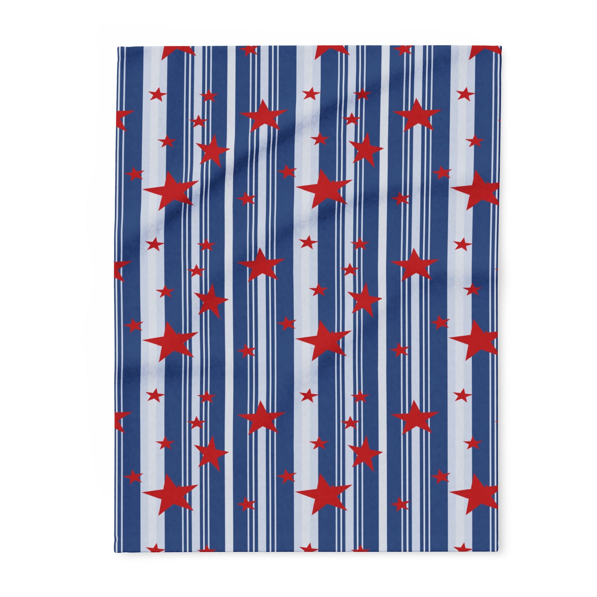 Throw blanket with pattern of red stars on blue and white striped background