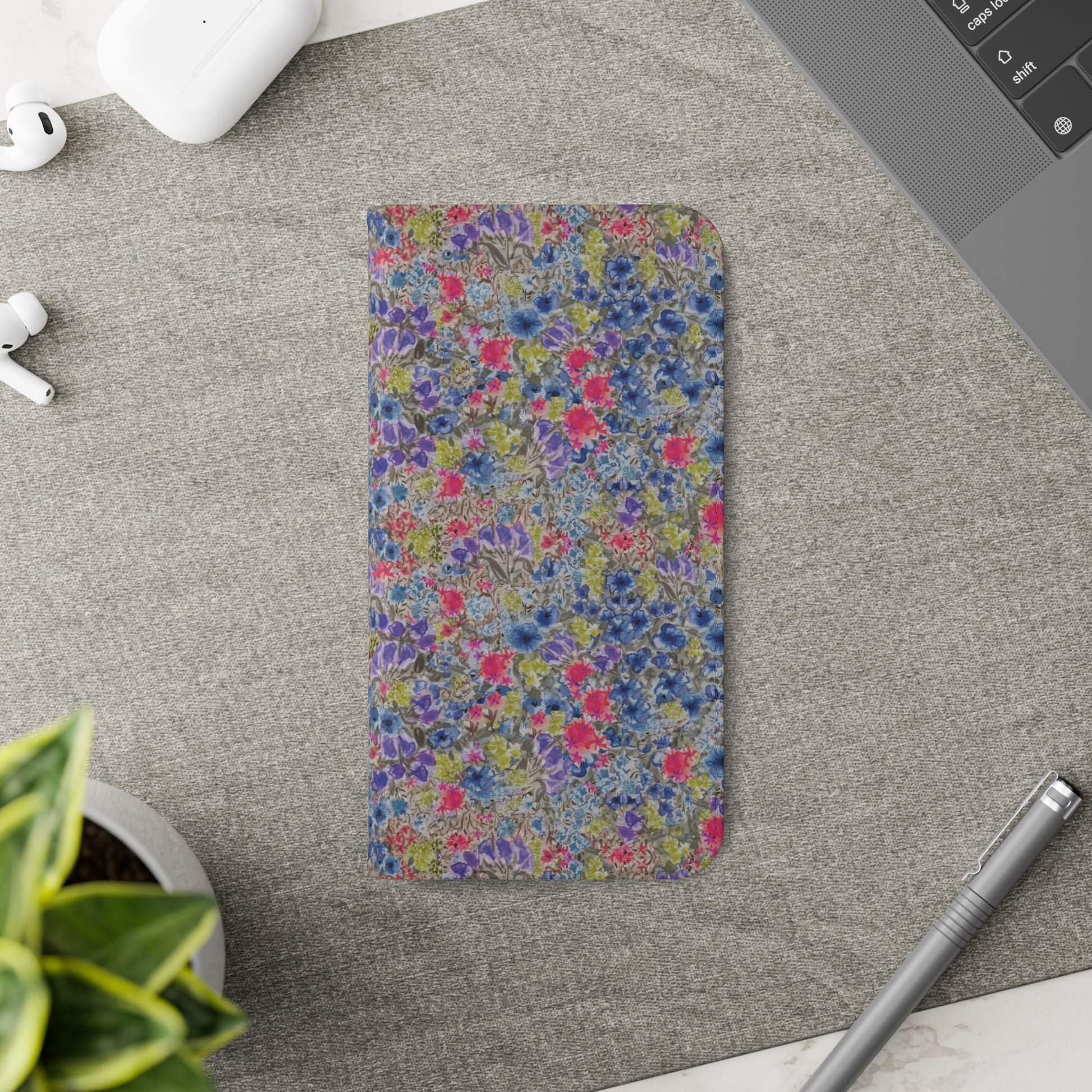 Blue wildflower floral flip phone case with watercolor botanical pattern.