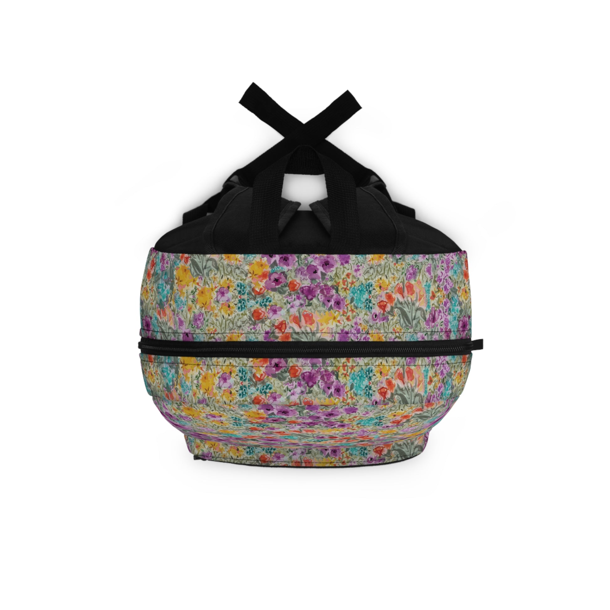 Meadow Blooms in Violets golds oranges and teals-patterned backpack top view on a white background