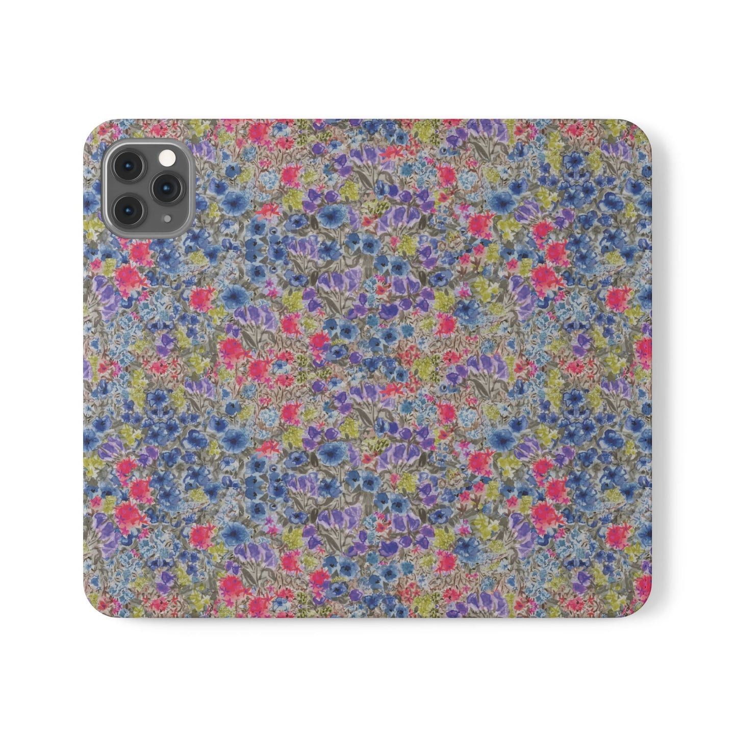 Blue watercolor wildflower wallet phone case featuring vibrant floral meadow artwork with pink and purple blossoms.