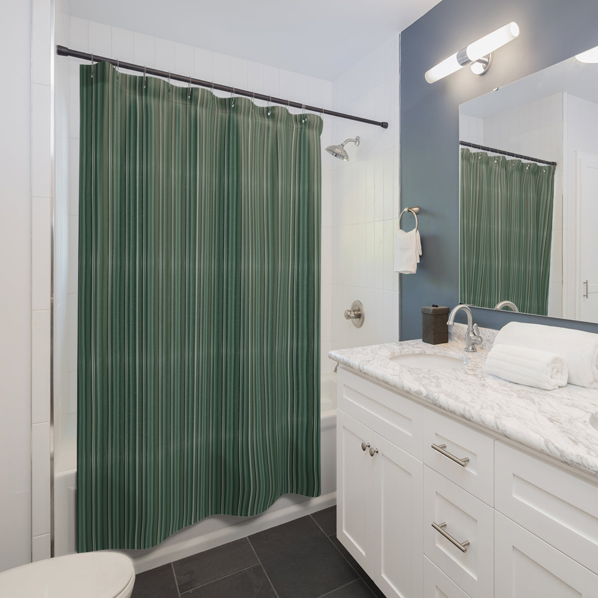 Green Stripe Shower Curtain — in a bathroom