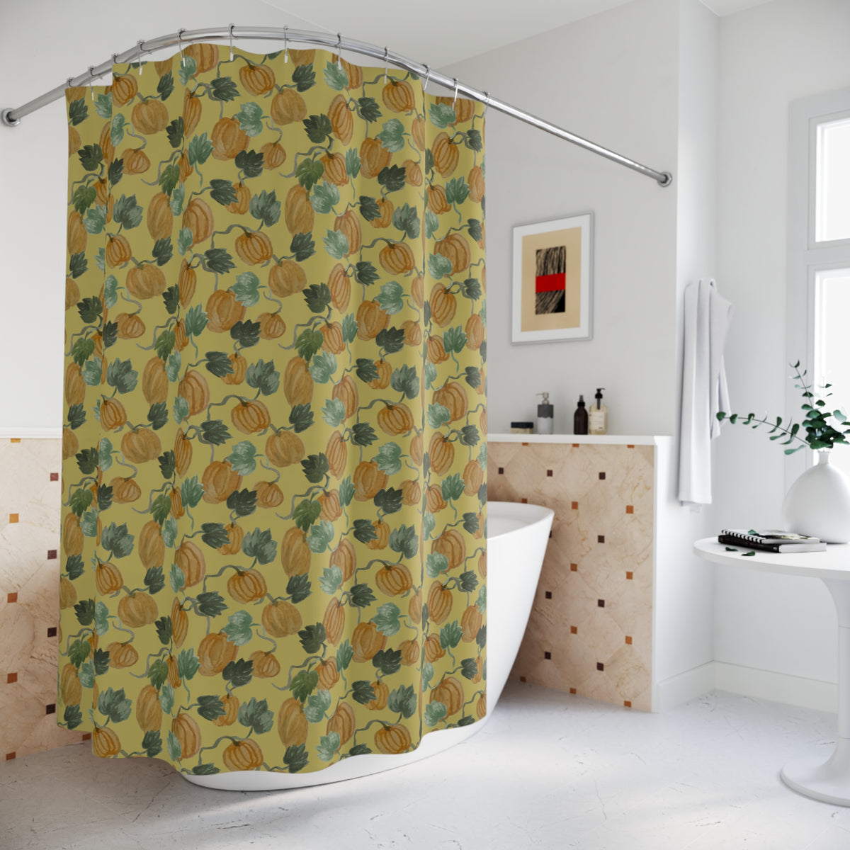 Autumn Pumpkin Vine Watercolor Shower Curtain – Ocher — in a bathroom (view 2)