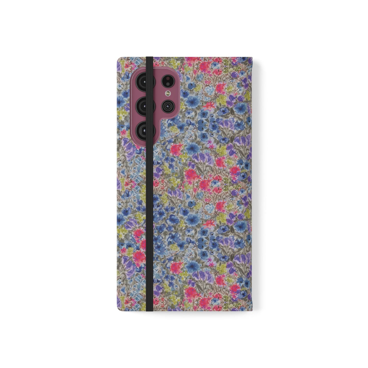 Blue wildflower floral flip phone case with watercolor botanical pattern.