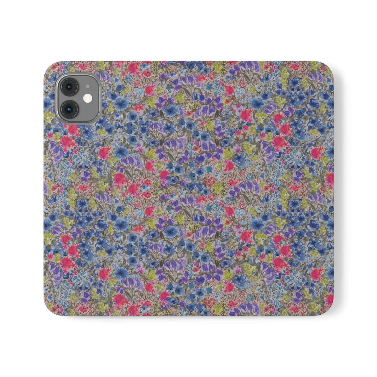 Blue watercolor wildflower wallet phone case featuring vibrant floral meadow artwork with pink and purple blossoms.