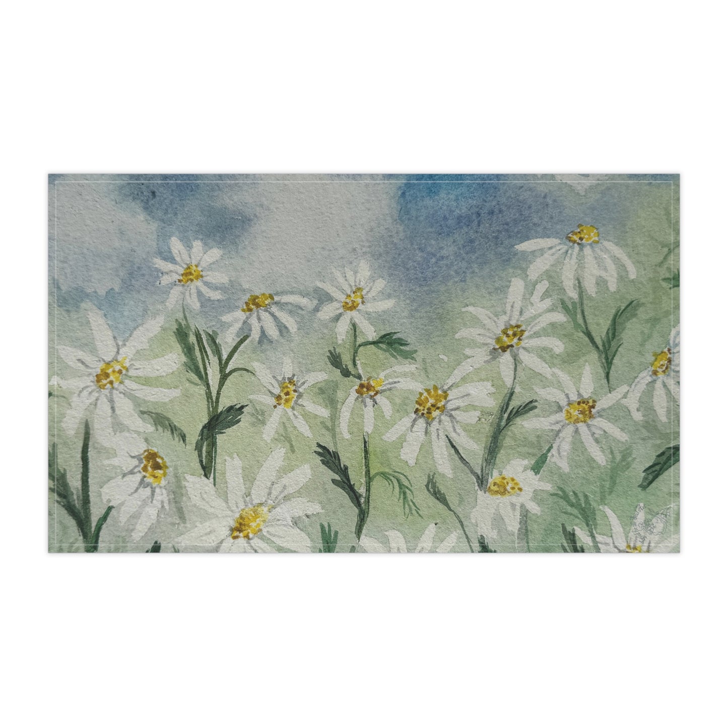 artistic tea towel with watercolor meadow flowers and natural texture