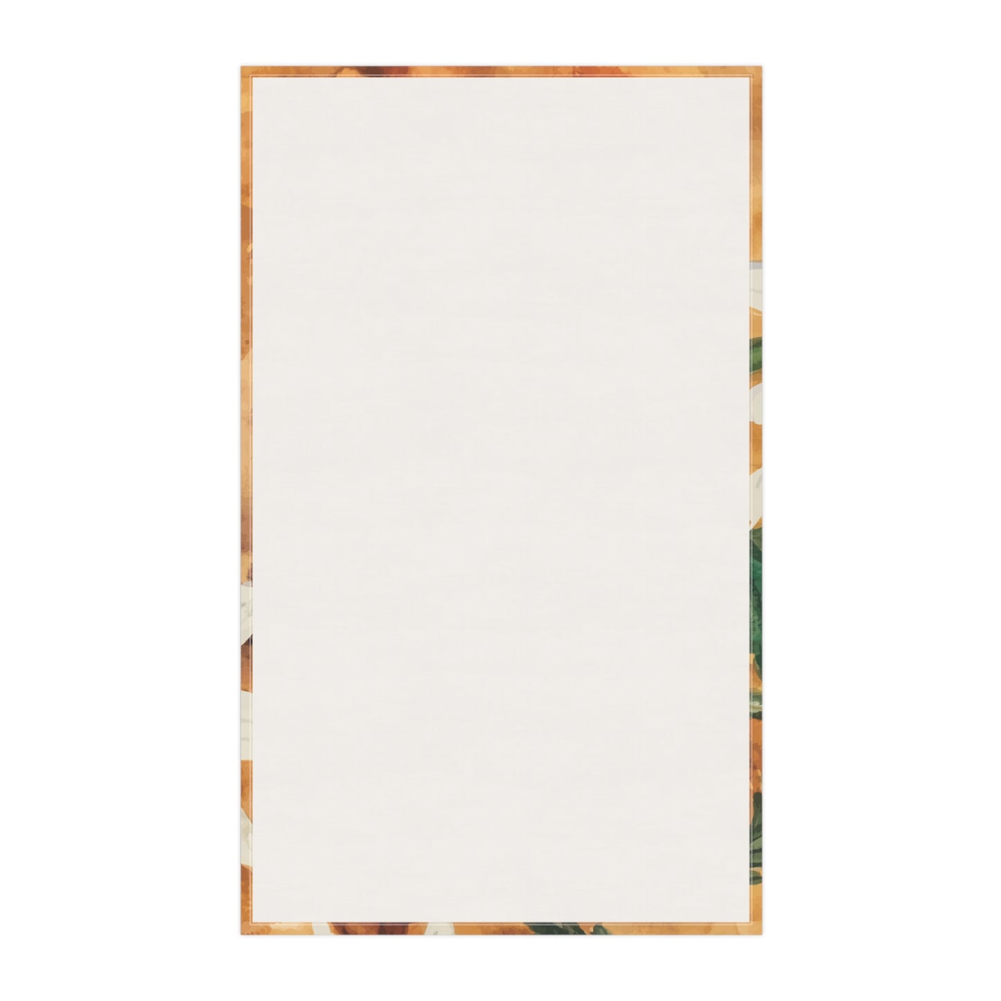 Watercolor daisy tea towel with white petals and golden centers on a warm orange background, displayed hanging in a bright kitchen.