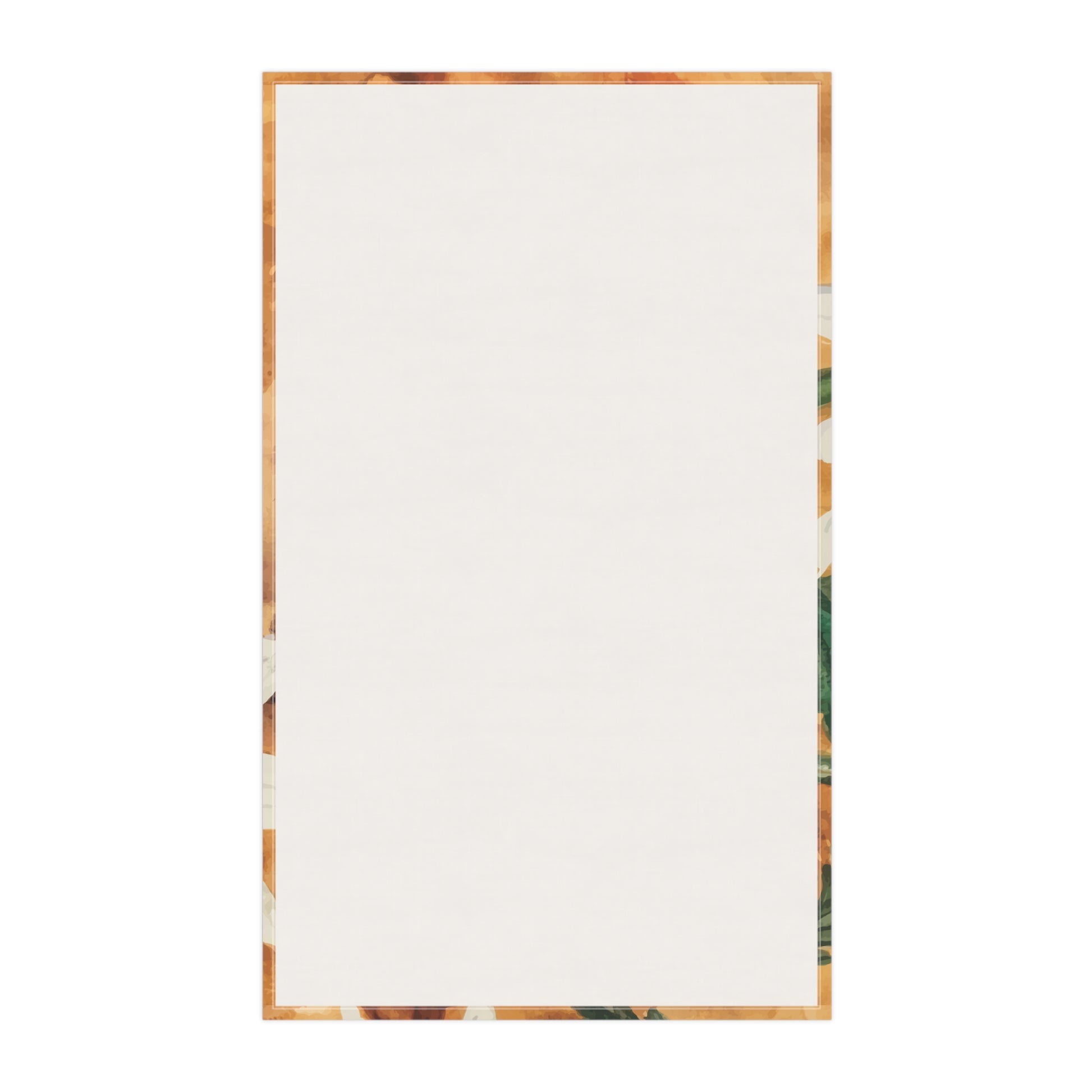 Watercolor daisy tea towel with white petals and golden centers on a warm orange background, displayed hanging in a bright kitchen.