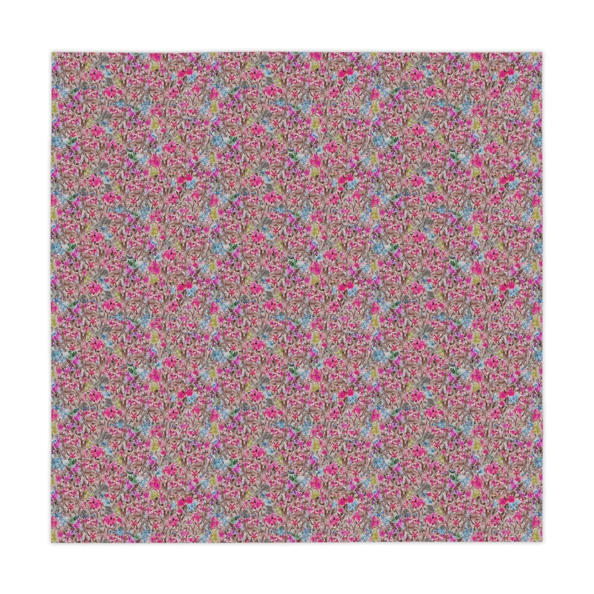 Floral patterned fabric swatch with pink and multicolor flowers on a white background. Modern floral table cover with bold pink blossoms and soft blue highlights