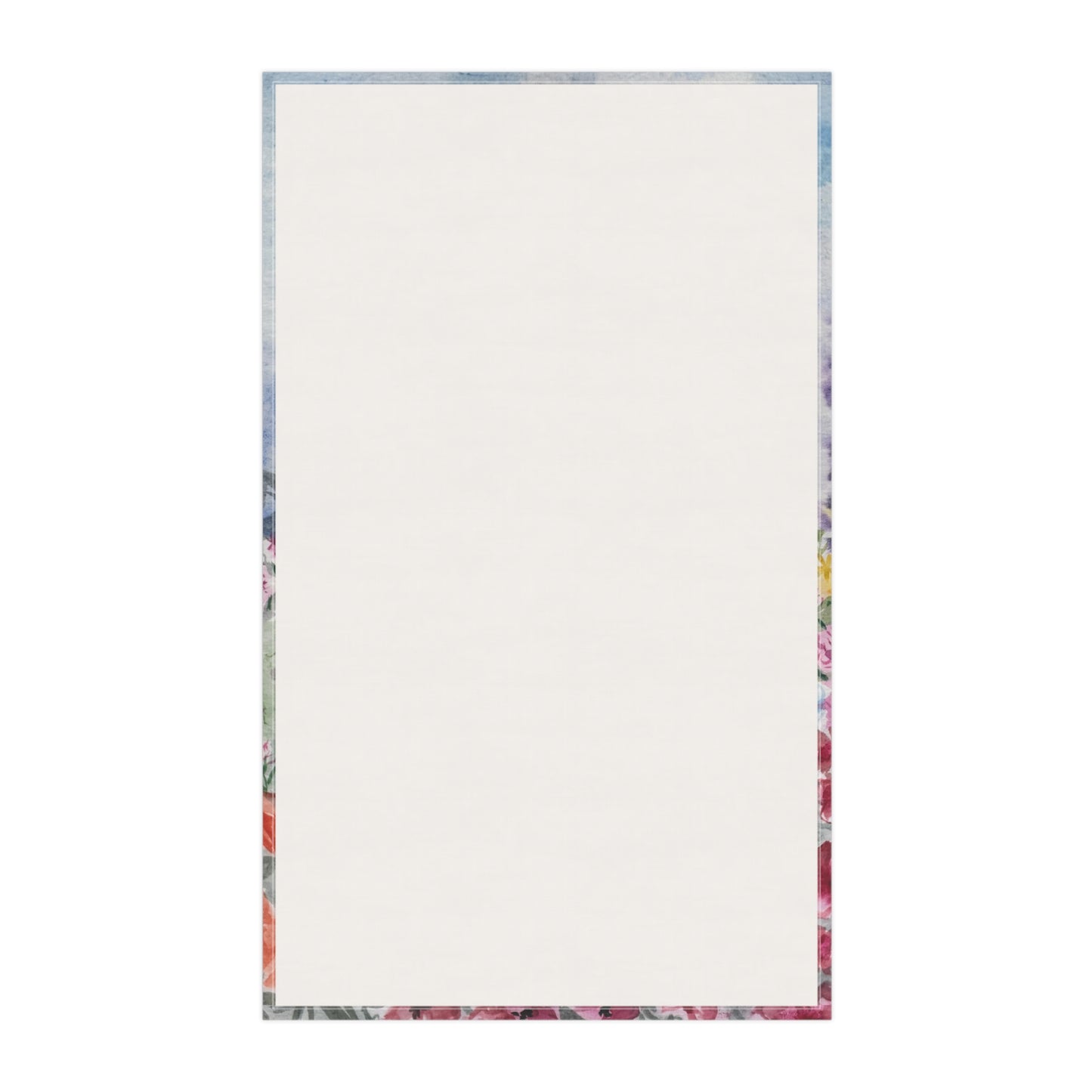 Watercolor floral tea towel featuring lavender stems and colorful wildflowers in soft blue, purple, pink, and yellow tones on a light background.