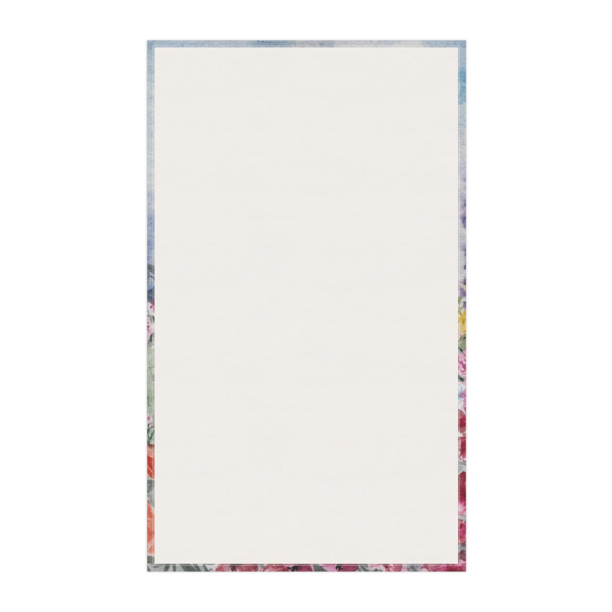Watercolor floral tea towel featuring lavender stems and colorful wildflowers in soft blue, purple, pink, and yellow tones on a light background.