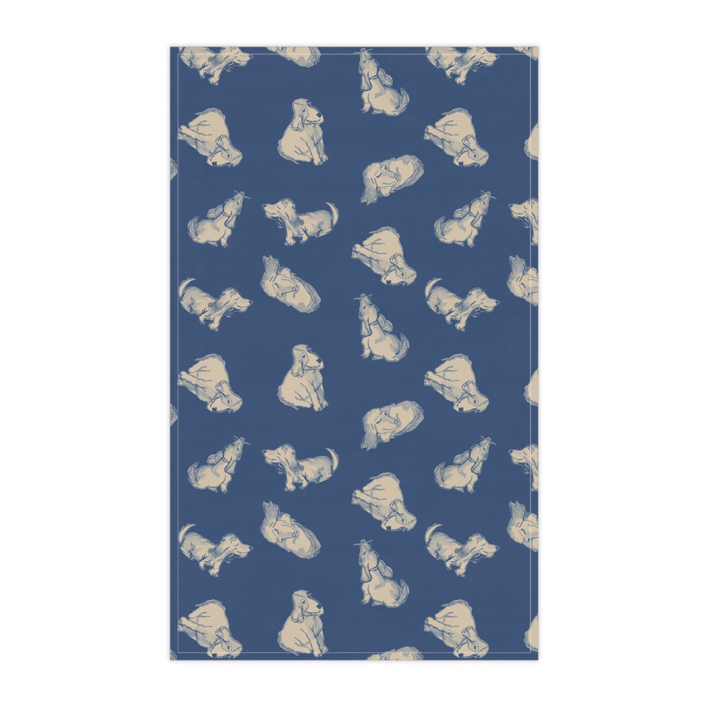 Patterned Tea Towel with dog illustrations on a blue background
