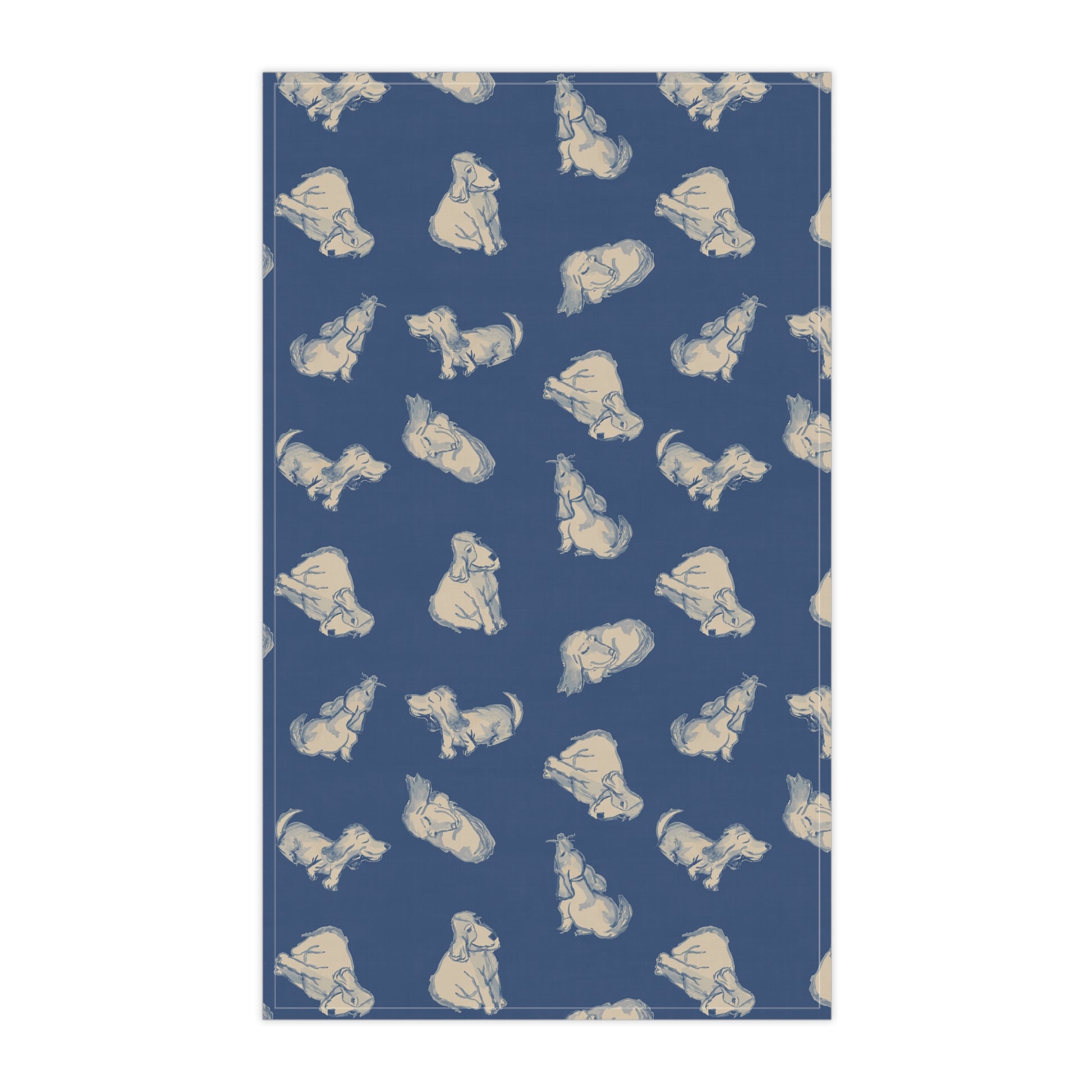 Patterned Tea Towel with dog illustrations on a blue background