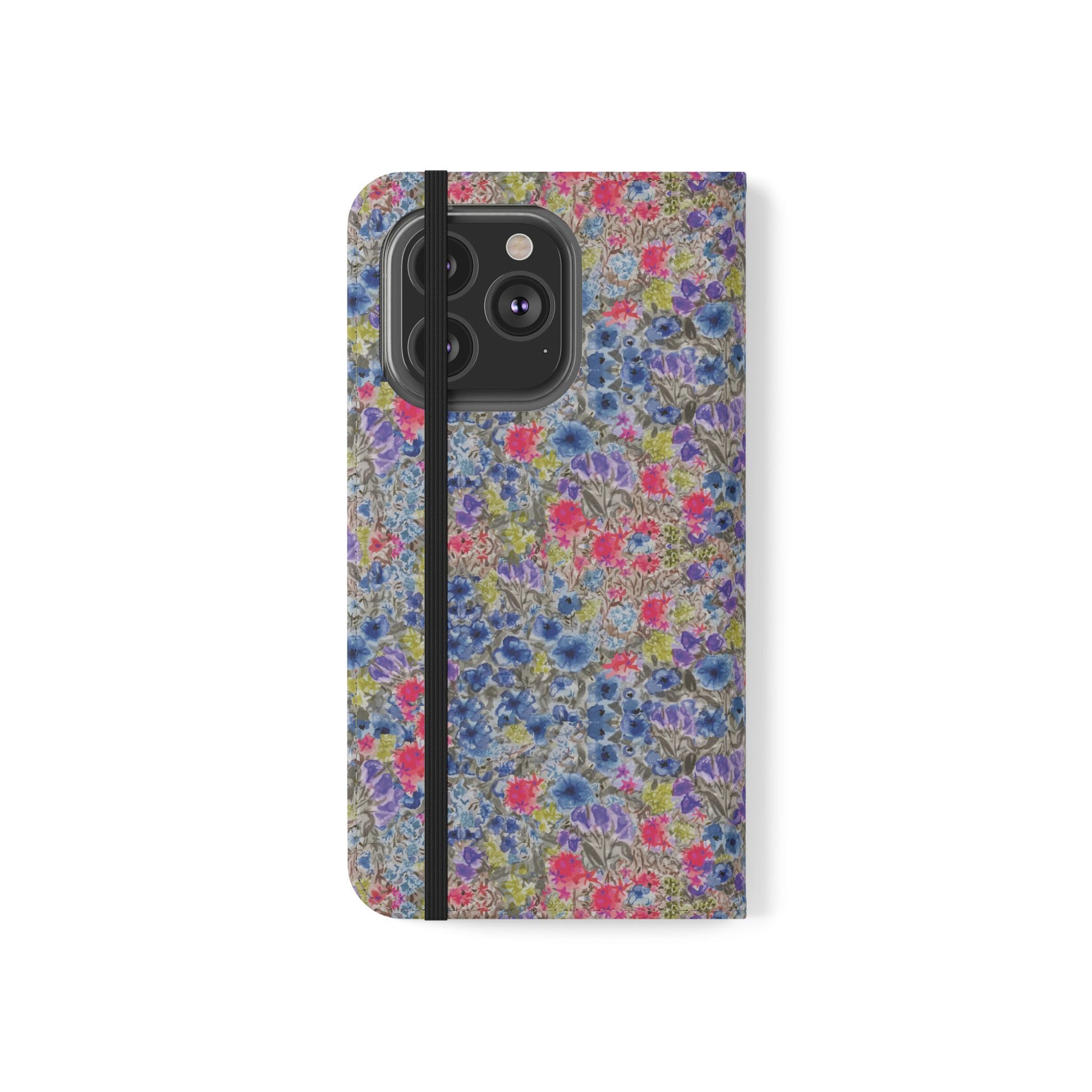 Blue wildflower floral flip phone case with watercolor botanical pattern.