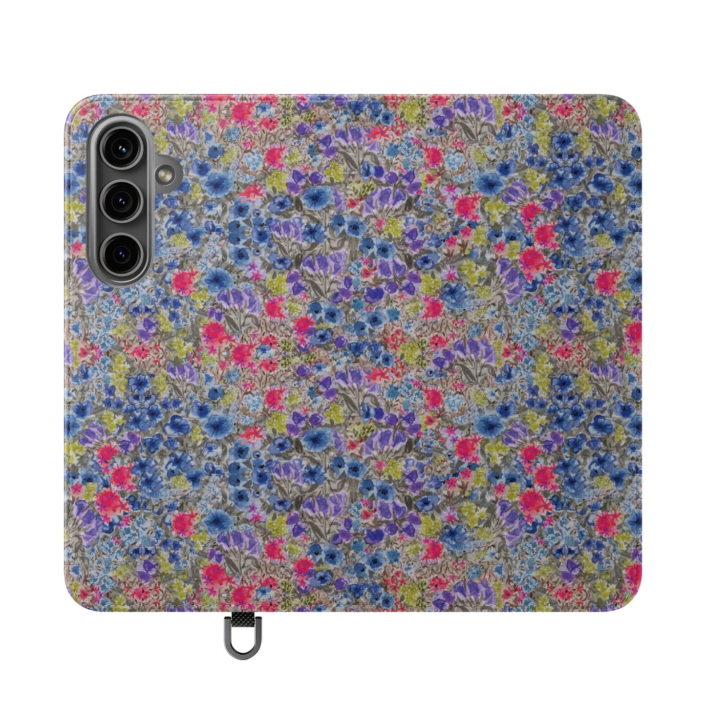 Blue watercolor wildflower wallet phone case featuring vibrant floral meadow artwork with pink and purple blossoms.