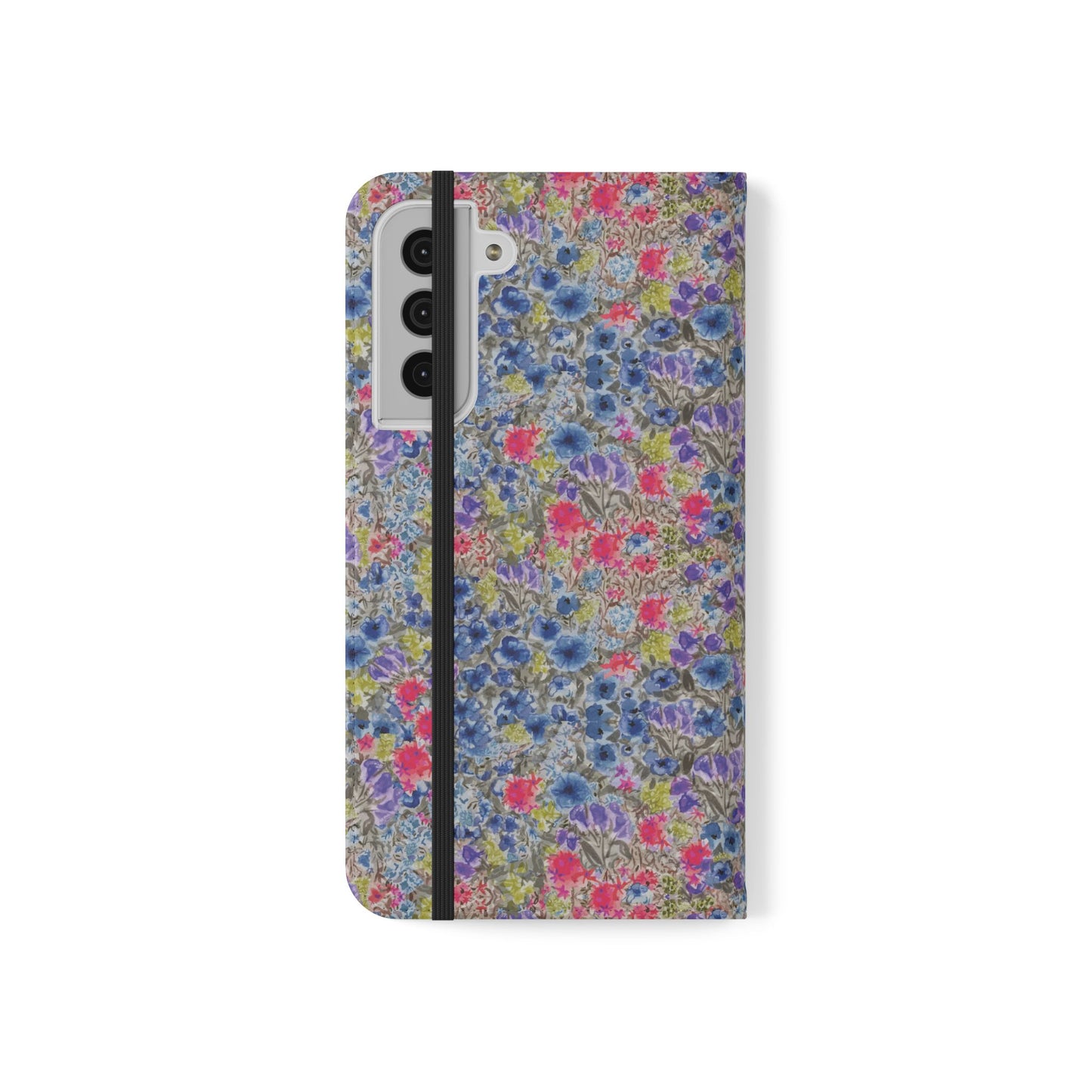 Blue wildflower floral flip phone case with watercolor botanical pattern.