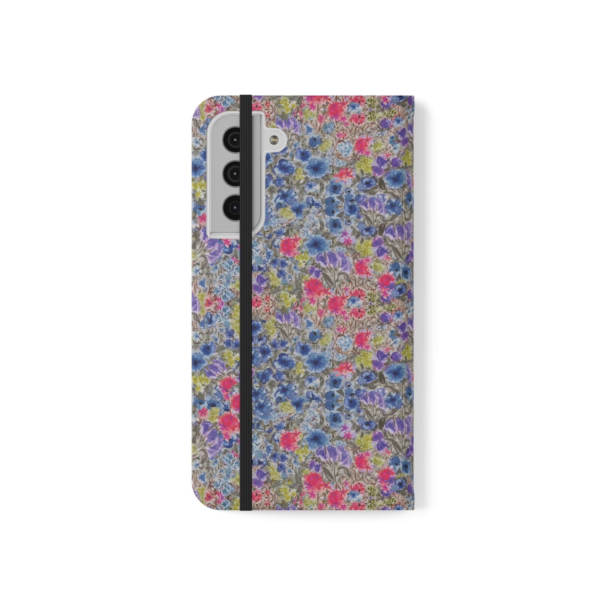 Blue wildflower floral flip phone case with watercolor botanical pattern.
