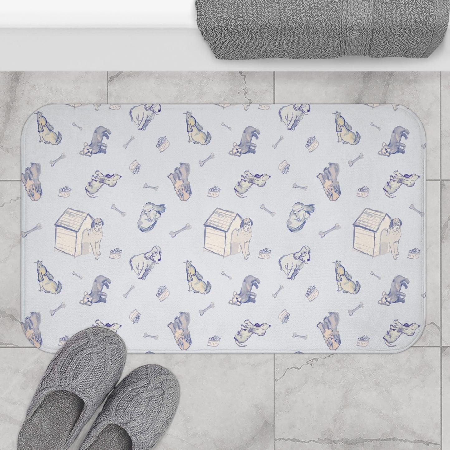 Blue Fur Friends Memory Foam Bath Matt for Dog Lover,  Watercolor Dachshund Pattern Bath Mat, Dogs, Bones, Dog House