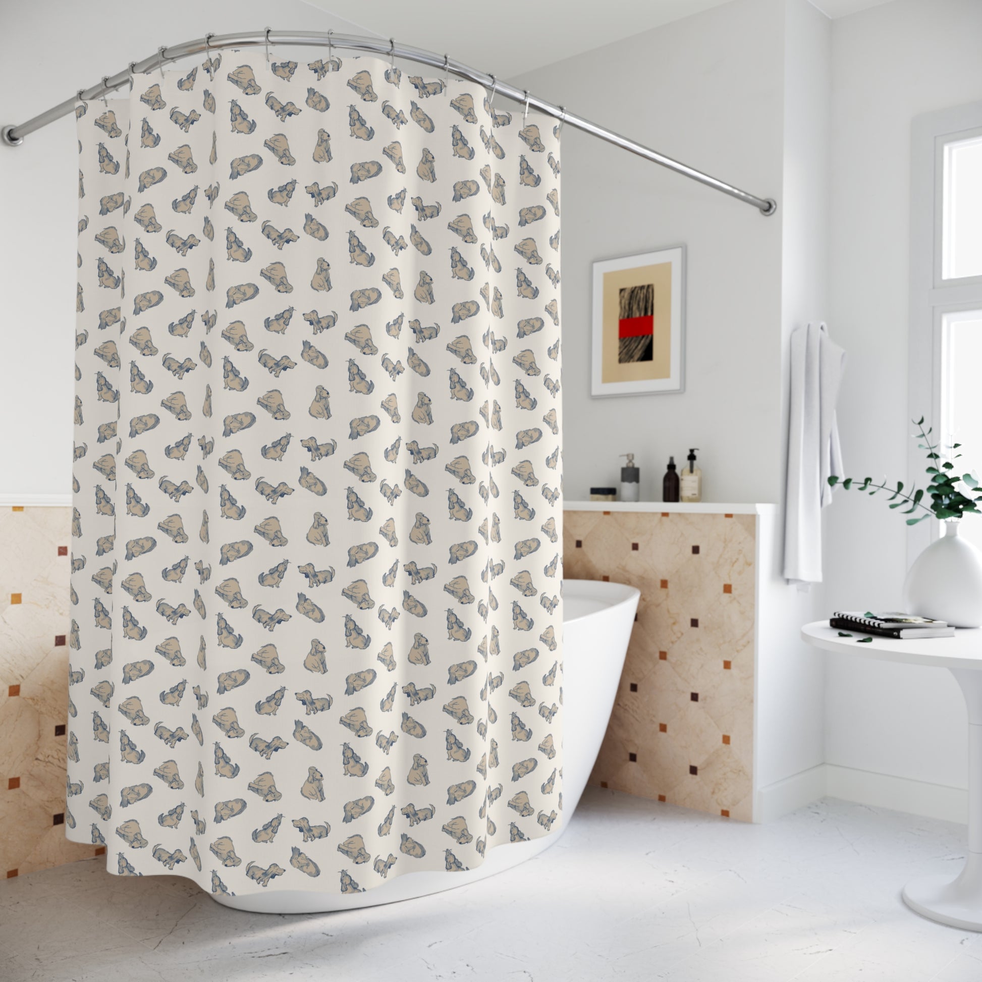 Shower curtain with a pattern of small Watercolor painted dogs on a beige background