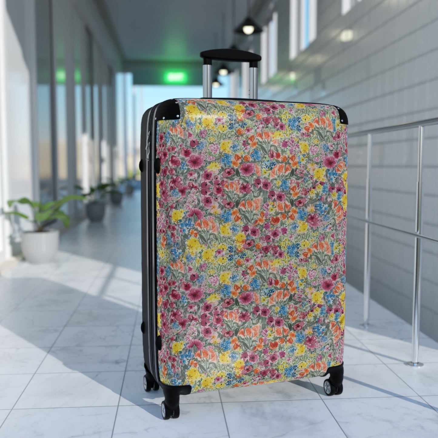Meadow Blooms -patterned suitcase in a modern indoor setting