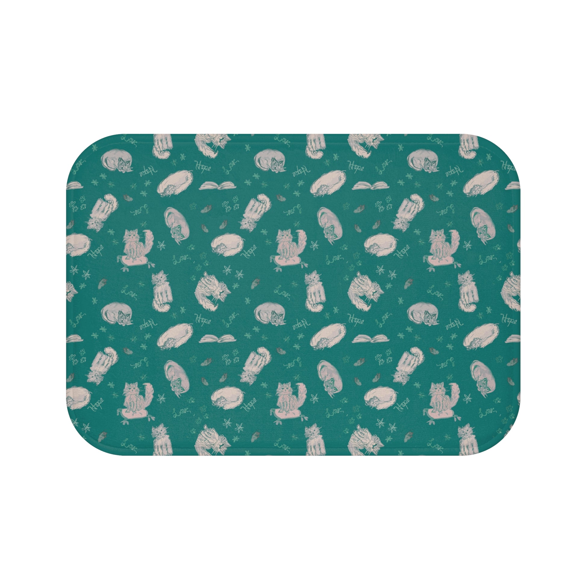 Teal cat-themed bath mat featuring a cozy repeating pattern of sleeping and fluffy cats, books, stars, leaves, and handwritten details in soft cream on a rich jewel-toned background, perfect for cozy cat lover bathroom décor.