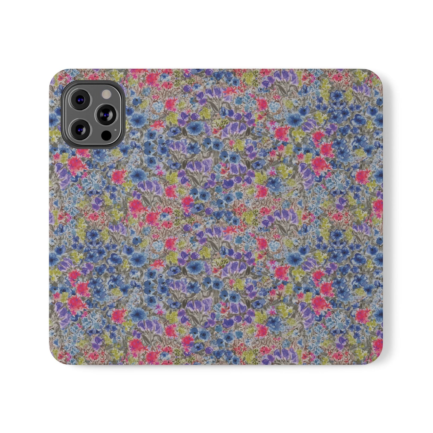 Blue watercolor wildflower wallet phone case featuring vibrant floral meadow artwork with pink and purple blossoms.