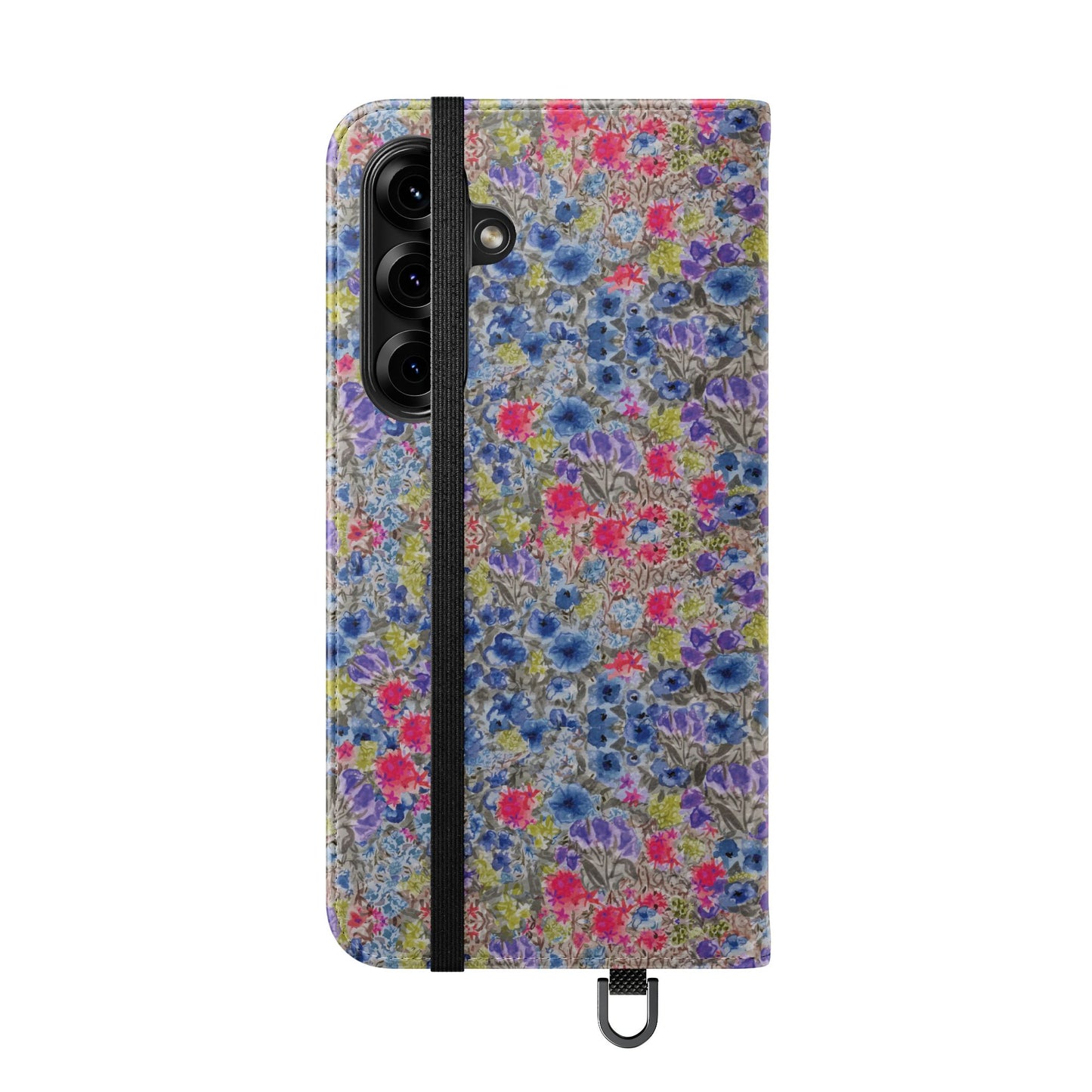 Blue wildflower floral flip phone case with watercolor botanical pattern.