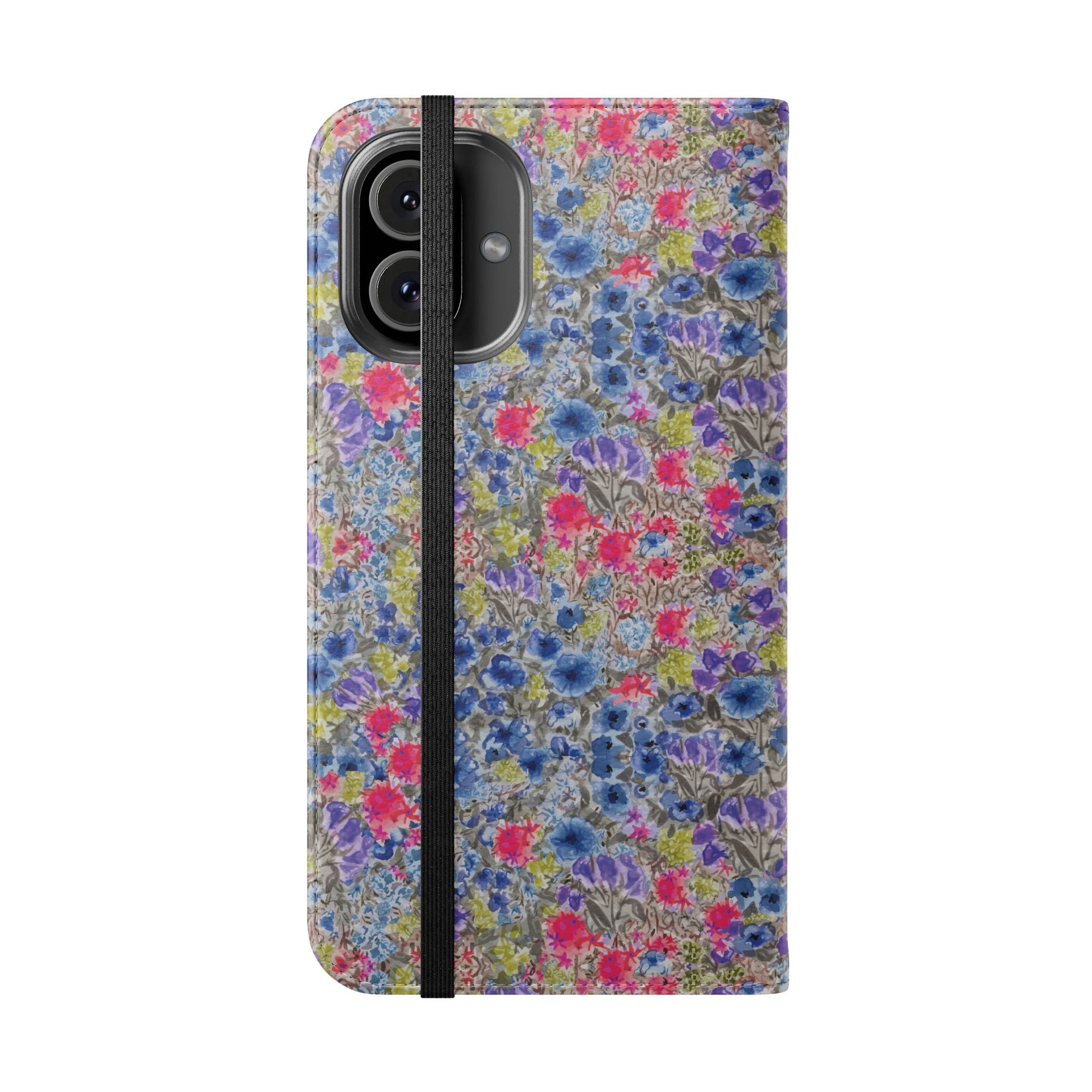 Blue wildflower floral flip phone case with watercolor botanical pattern.