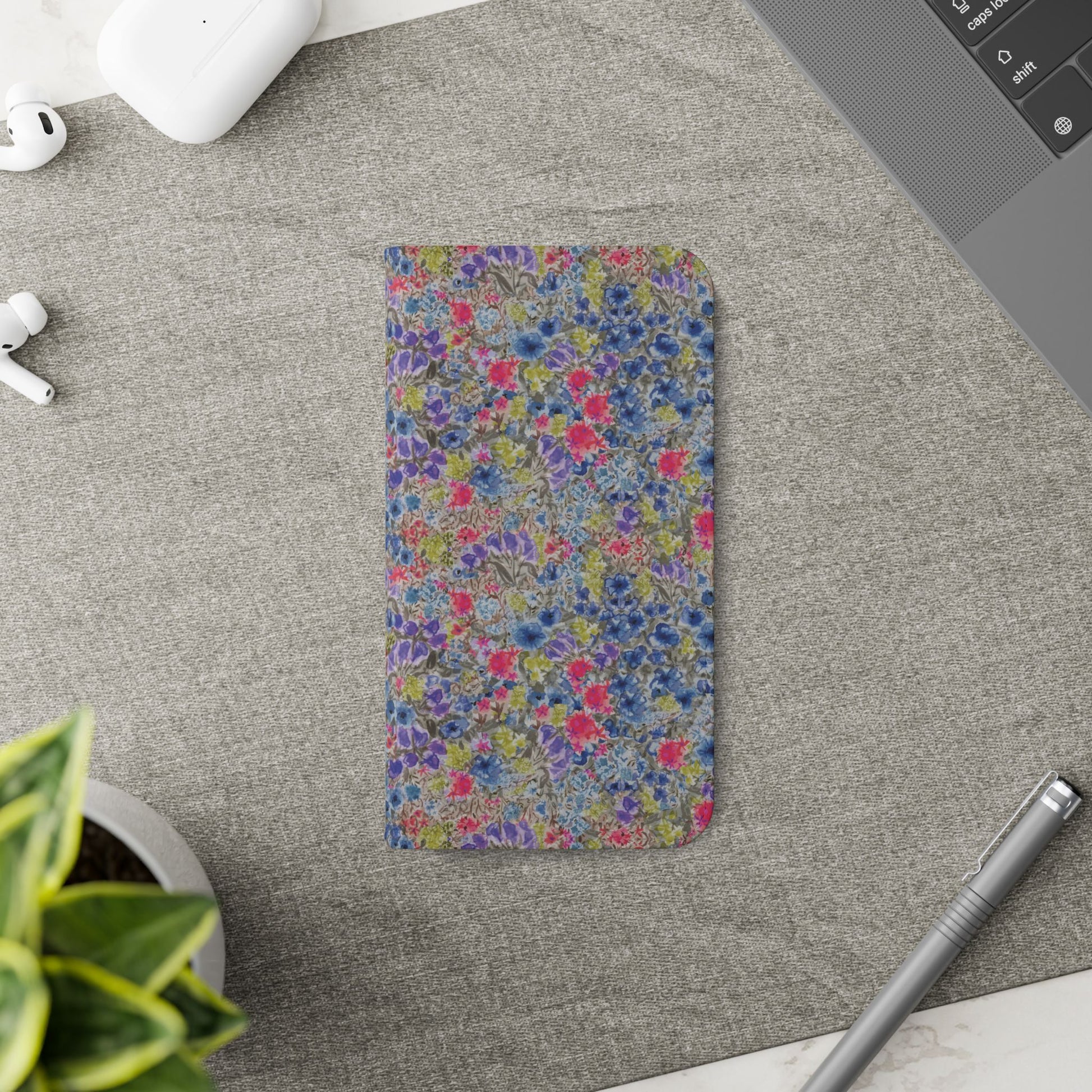 Blue wildflower floral flip phone case with watercolor botanical pattern.