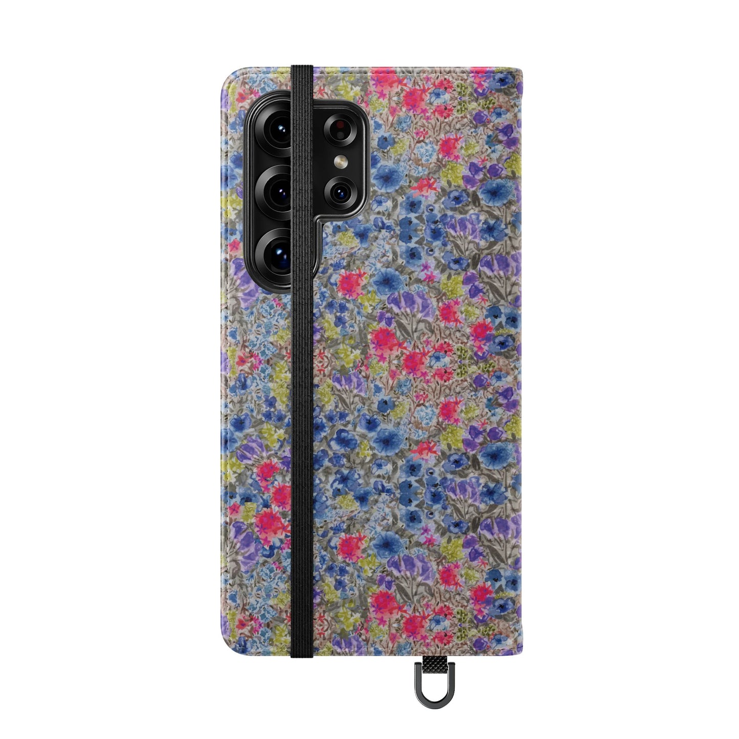 Blue wildflower floral flip phone case with watercolor botanical pattern.