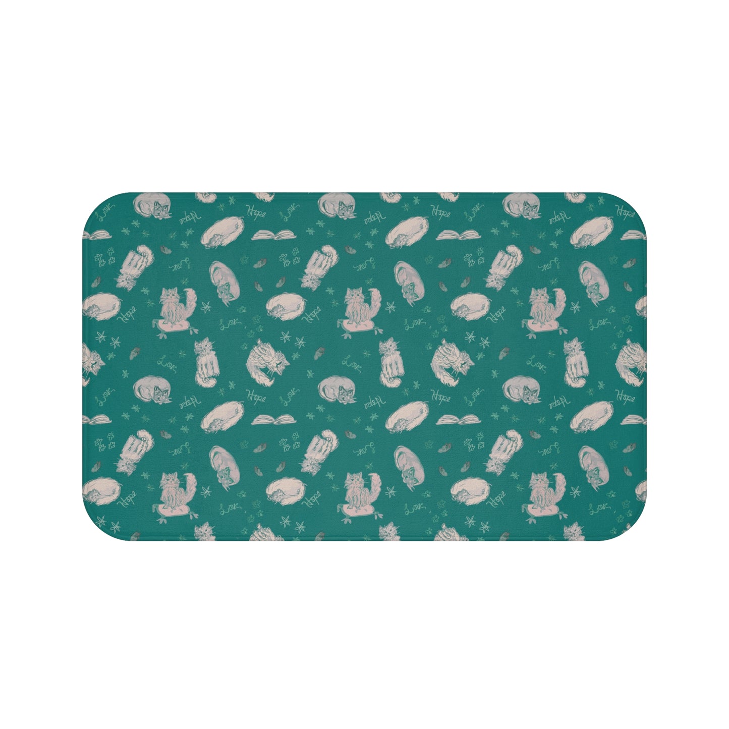 Teal cat-themed bath mat featuring a cozy repeating pattern of sleeping and fluffy cats, books, stars, leaves, and handwritten details in soft cream on a rich jewel-toned background, perfect for cozy cat lover bathroom décor.
