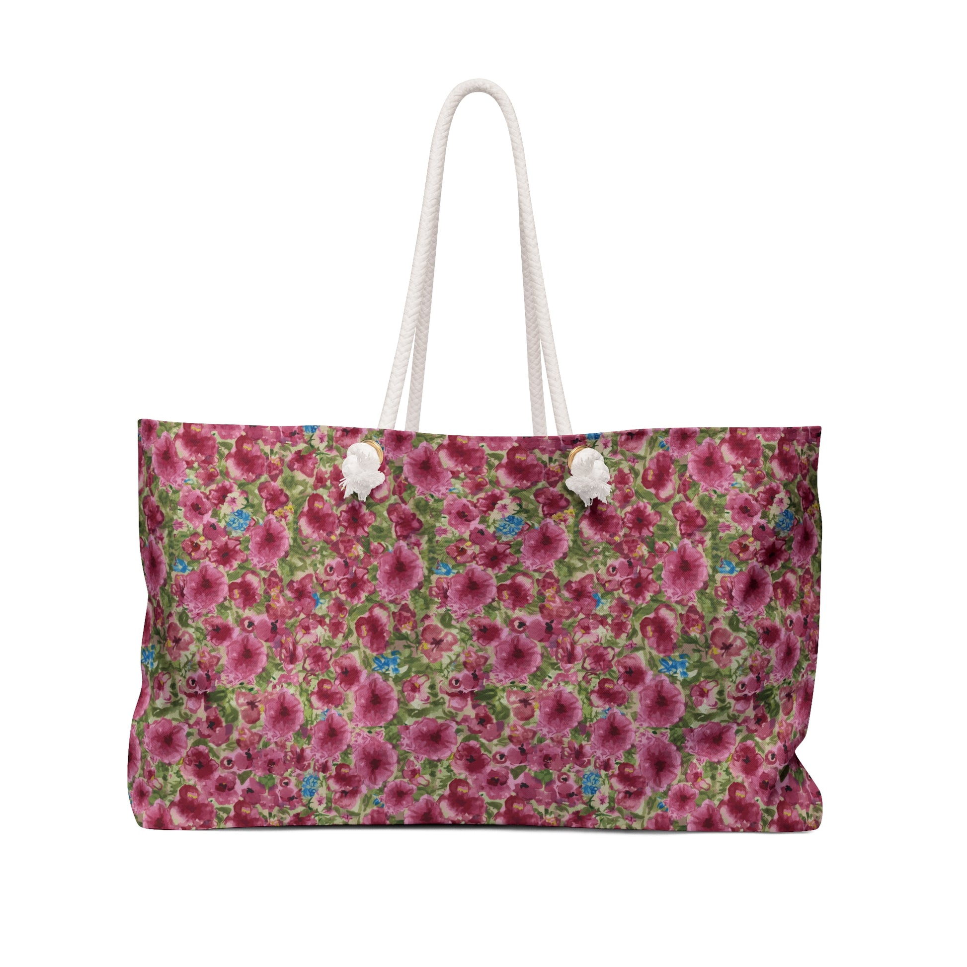 Pink Poppy watercolor patterned bag with white handles on a white background