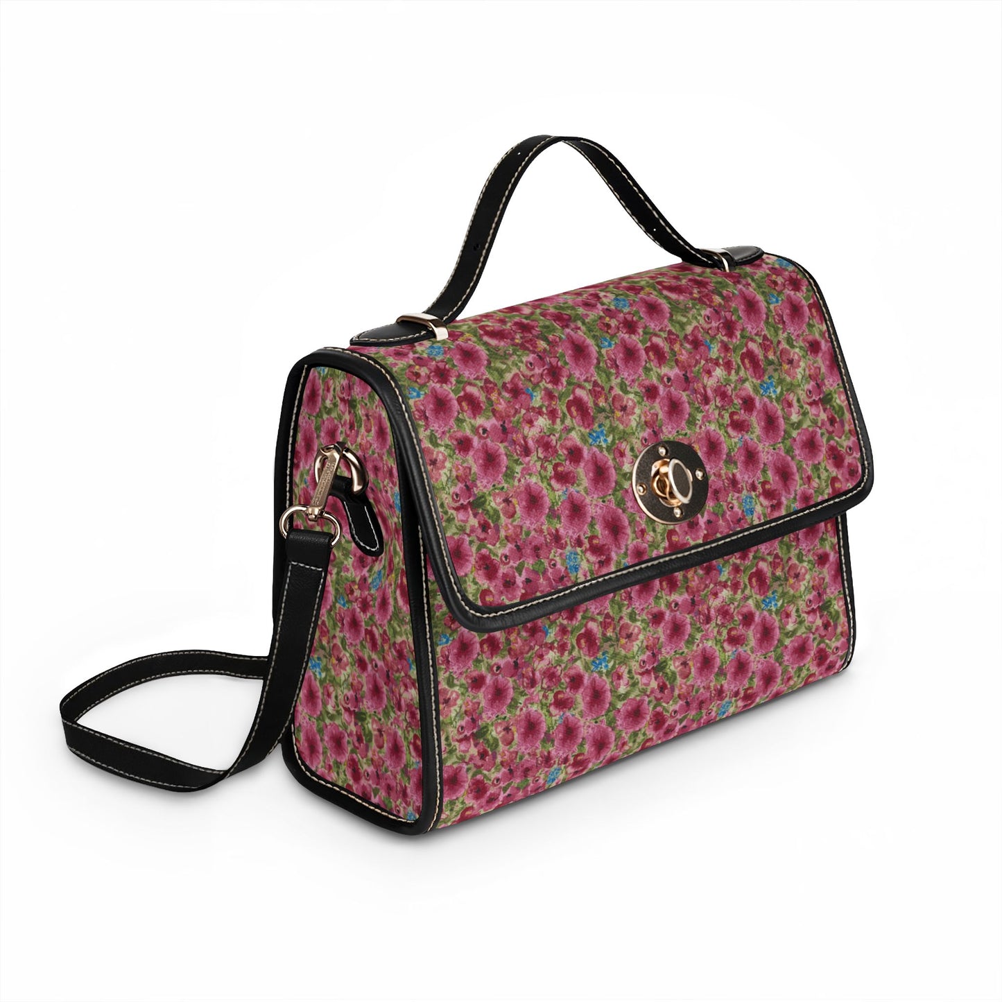 Pink watercolor poppies floral satchel handbag featuring a cottage garden botanical pattern with crossbody strap and top handle.